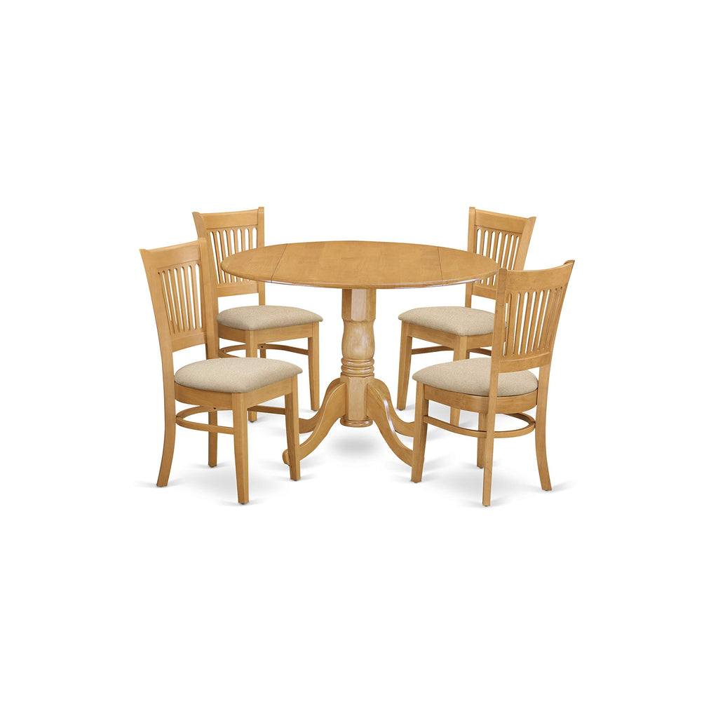 East West Furniture Dublin 5 Piece Kitchen Set Includes a Round Dining Room Table with Dropleaf and 4 Linen Fabric Upholstered Chairs, 42x42 Inch, DLVA5-OAK-C