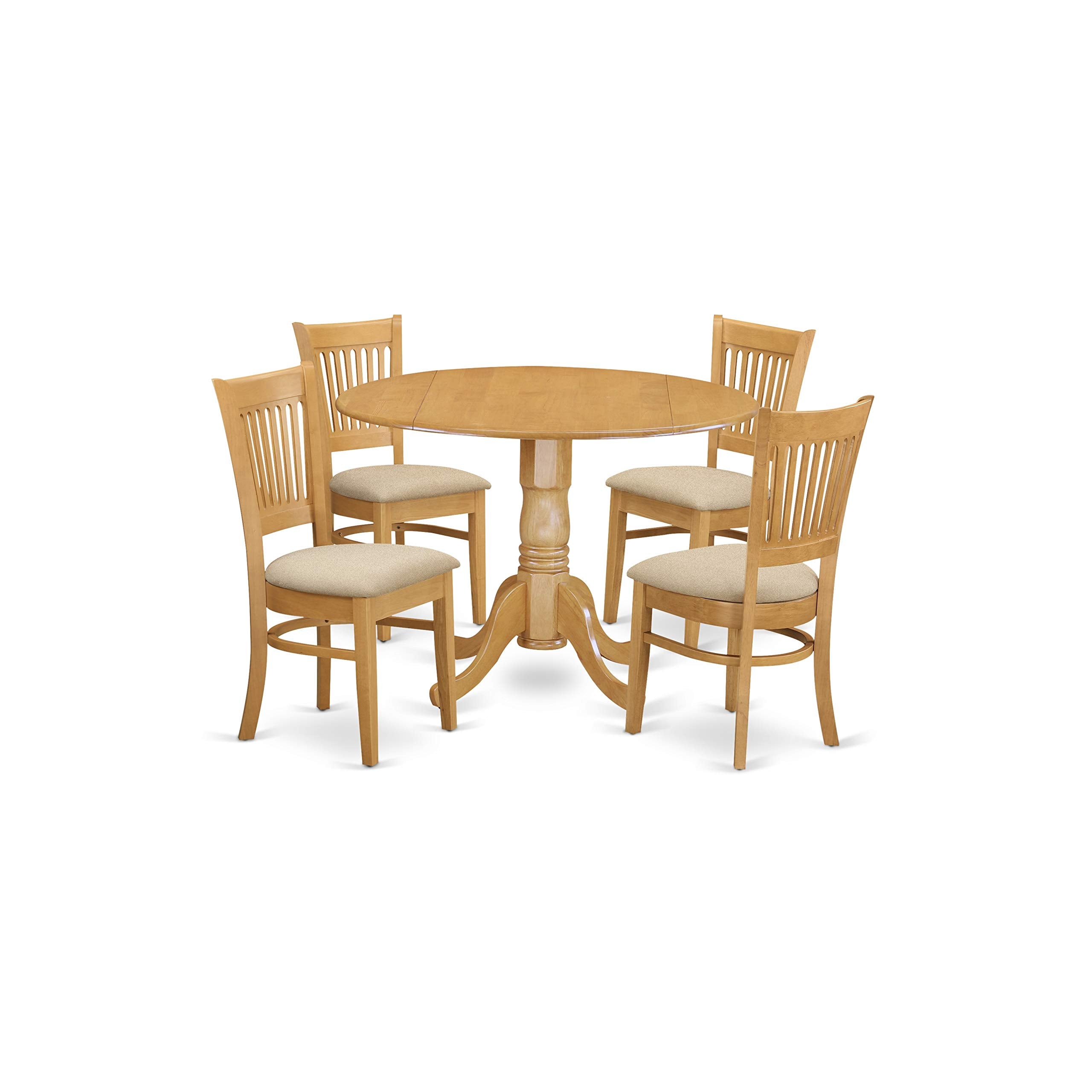 East West Furniture Dublin 5 Piece Kitchen Set Includes a Round Dining Room Table with Dropleaf and 4 Linen Fabric Upholstered Chairs, 42x42 Inch, DLVA5-OAK-C