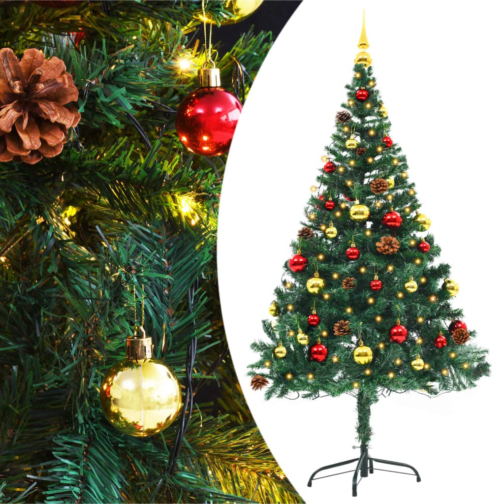 Vidaxl Artificial Christmas Tree With Baubles And Leds Holiday Home Living Room Office Garden Terrance Ornament Decor Xmas Decoration Green 5 Ft