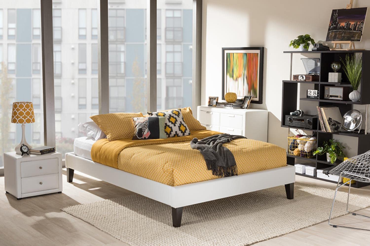 Baxton Studio Lancashire Modern and Contemporary Upholstered Bed Frame with Tapered Legs White/King