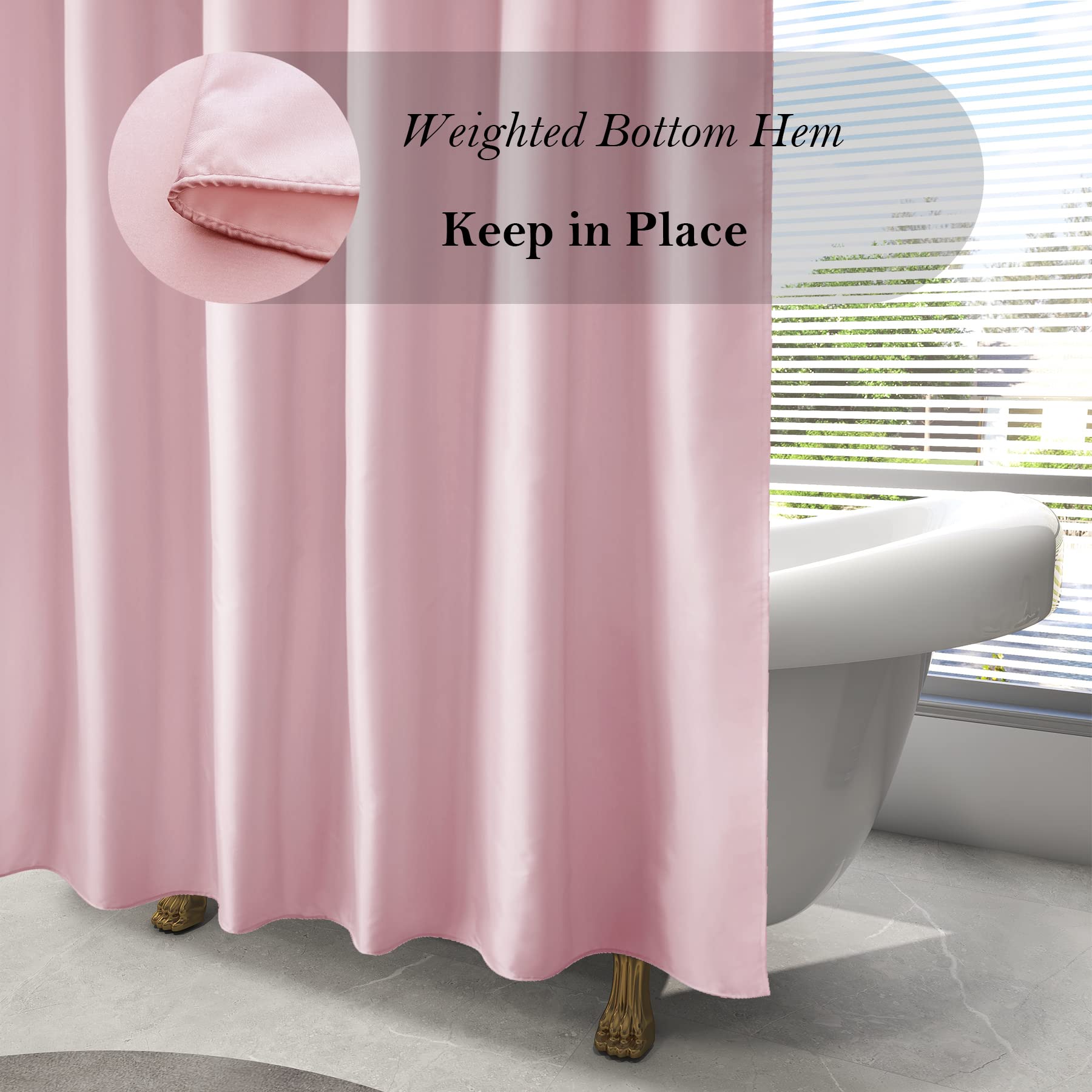 Aoohome Extra Long Shower Liner, Polyester Solid Color Shower Curtain With Hooks, Weighted Hem, Water Repellent, 72X84 Inch, Pin