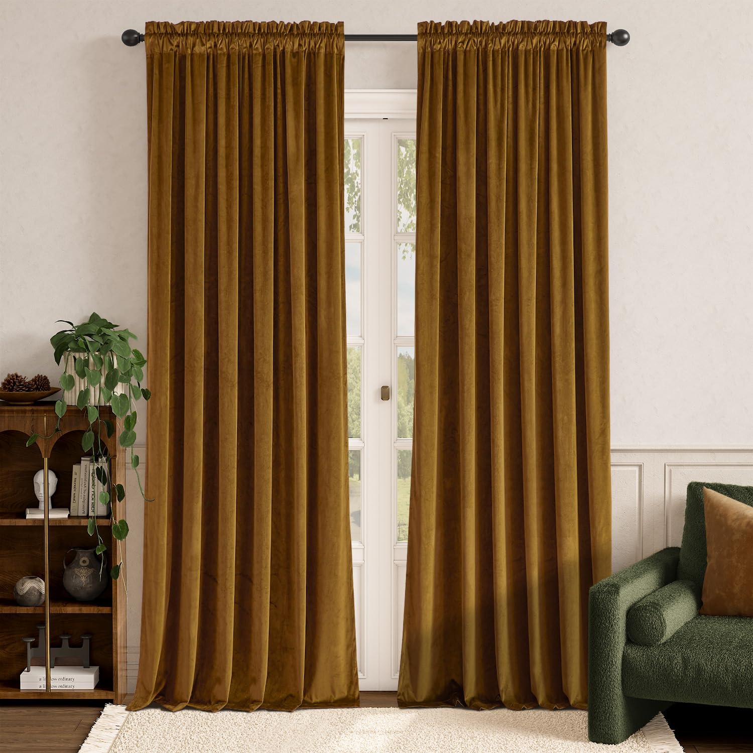 Lazzzy Velvet Glod Brown Curtains 108 Inches Long Thermal Insulated Drapes For Bedroom Living Room Darkening Window Treatments R