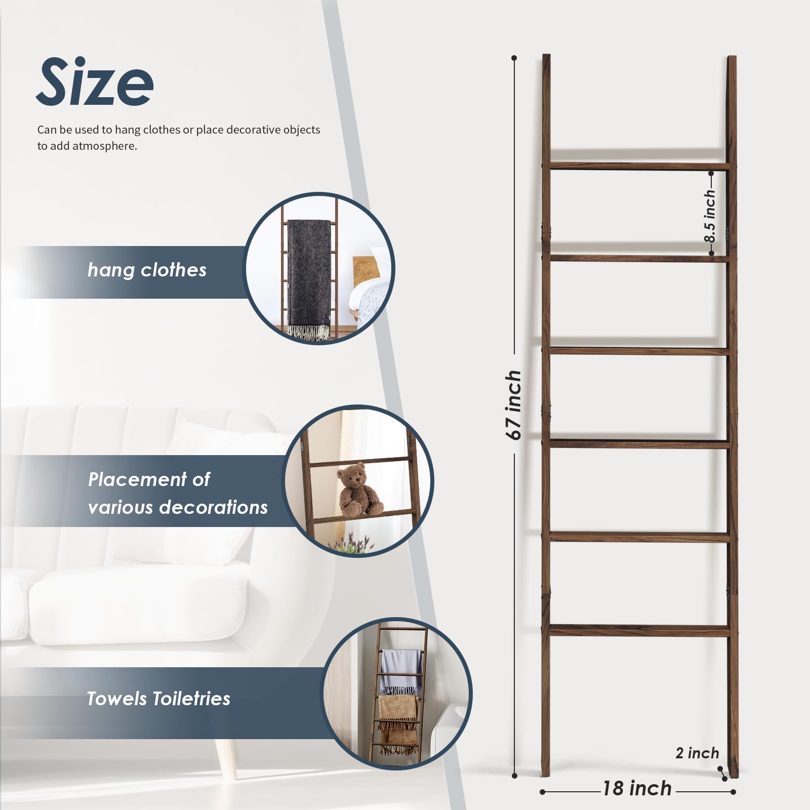 Acacia Wood 6-Tier Blanket Ladder, 5.7Ft(66.5'') Blanket Quilt Towel Holder Rack Decorative Ladder Wooden, Easy Assembly, Rustic