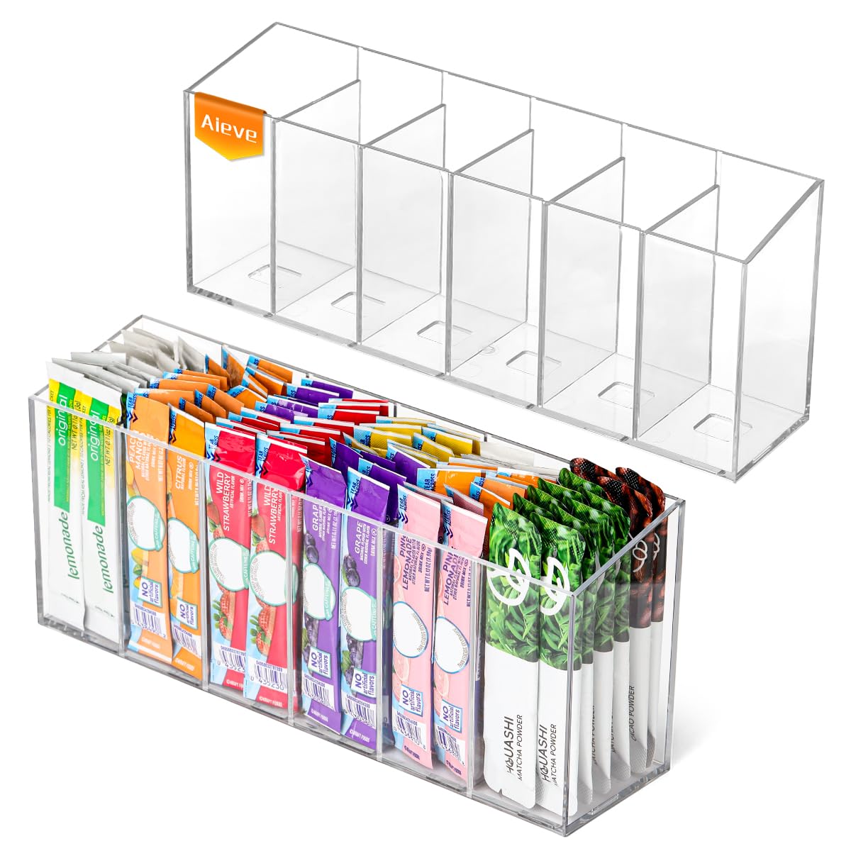 AIEVE 2 Pack Drink Packet Organizer, Water Drink Packet Holder with Removable Dividers for Pantry Organizers and Storage, Water 
