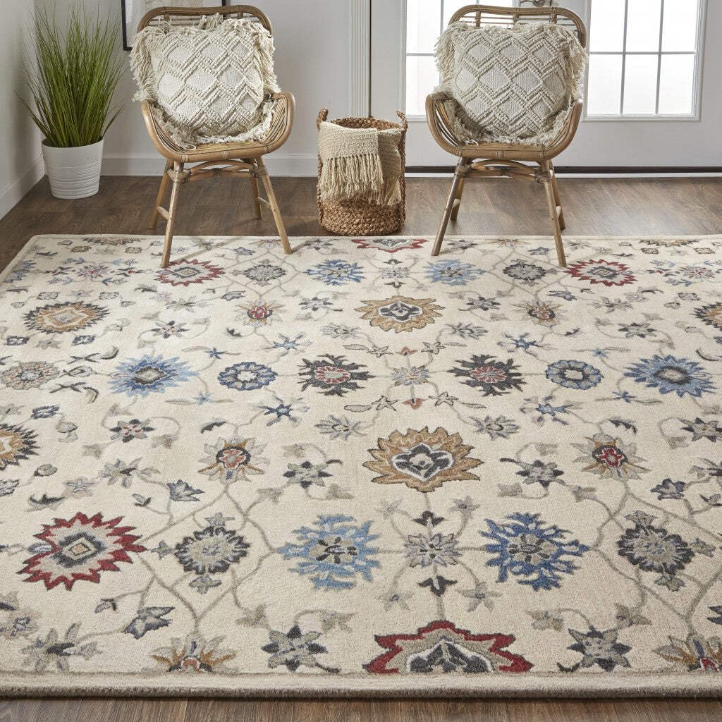 HomeRoots 514819 9 x 12 ft. Ivory Blue & Tan Wool Floral Hand Tufted Handmade Stain Resistant Rectangle Area Rug