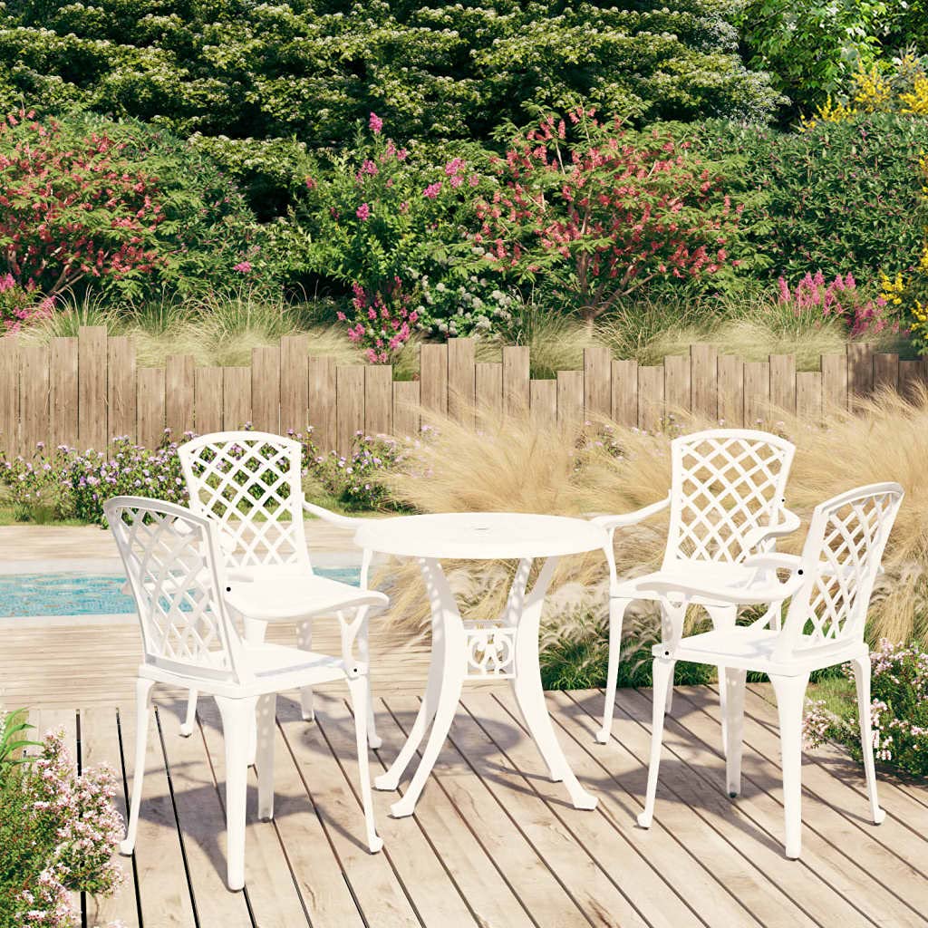vidaXL 5 Piece Bistro Set - White Cast Aluminum Patio Garden Furniture Set with Round Table and 4 Chairs, Elegant Design, Weather and Rust-Resistant, Umbrella Hole Feature