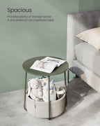 Vasagle End Table, Small Bedside Table With Fabric Basket, Modern Nightstand, Round Side Table, For Living Room, Bedroom, Forest Green And Cream White Ulet223C80