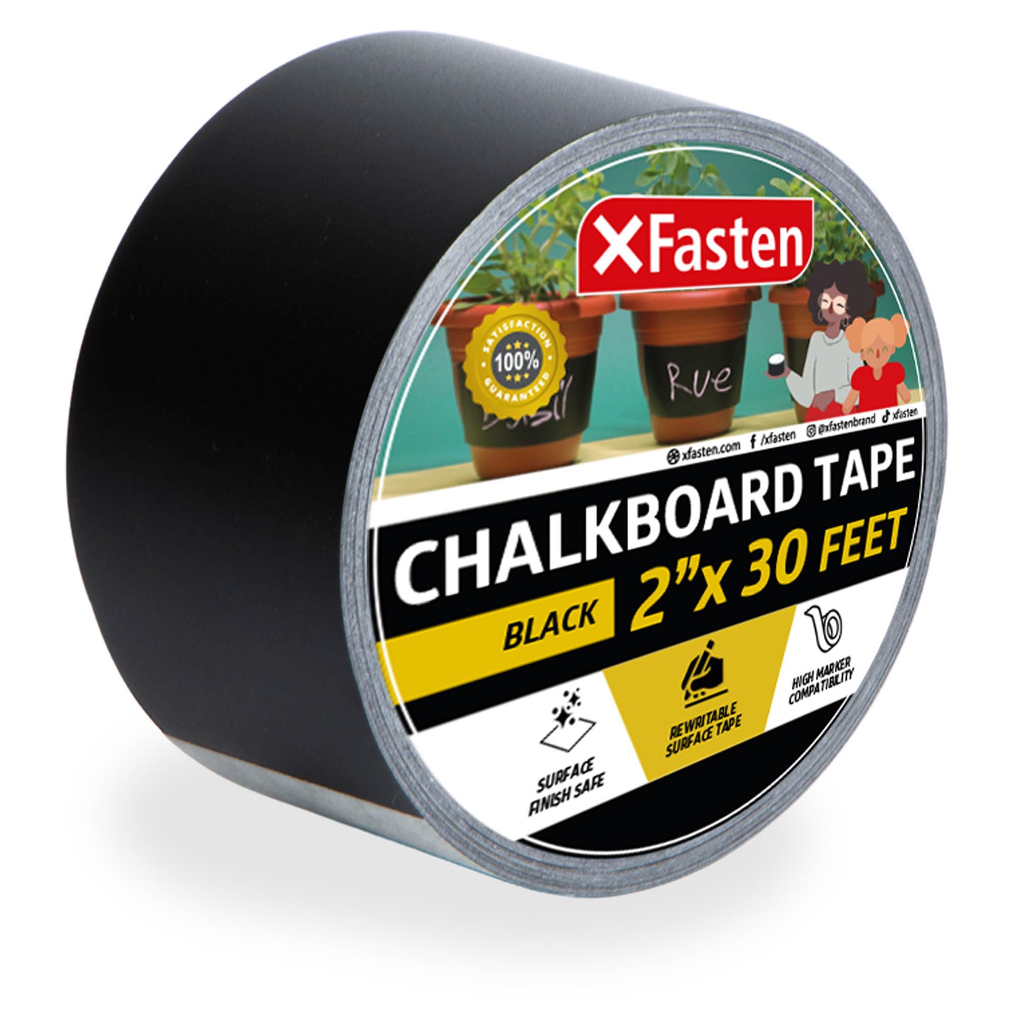Xfasten Black Chalkboard Tape Removable, 2-Inch X 30-Foot, Black, Smudge Resistant Sticky Chalkboard Label Duct Tape