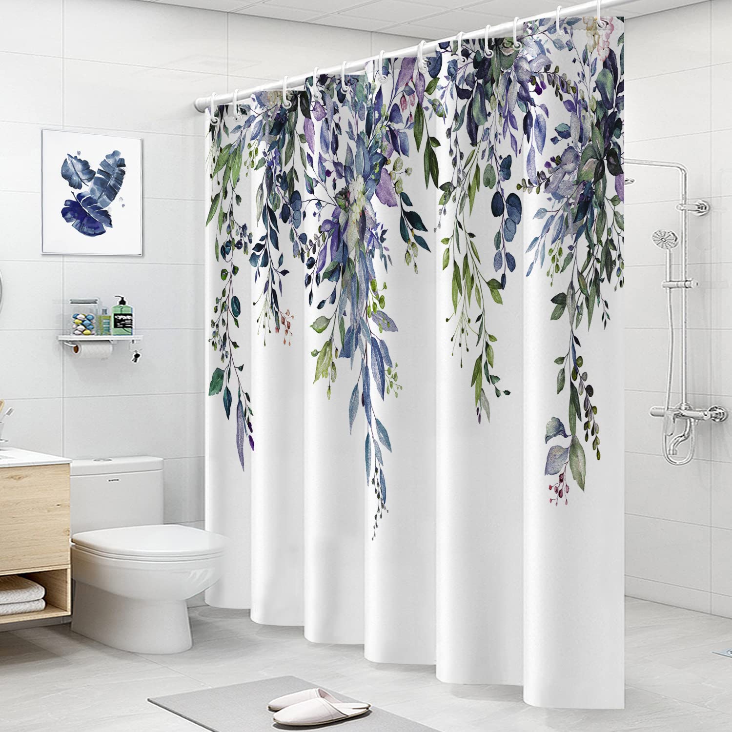 Nuseiis Blue Purple Eucalyptus Leaves Shower Curtains, Fabric Shower Curtain Modern Shower Curtain Sets, Stylish Floral Backgrou