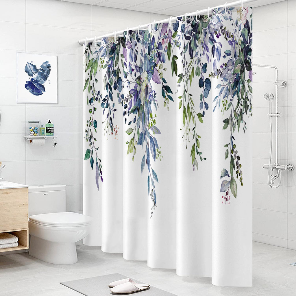 Nuseiis Long Blue Purple Shower Curtains 72 X 78, Fabric Tall Eucalyptus Leaves Shower Curtain Sets, Watercolor Floral Plant Bat