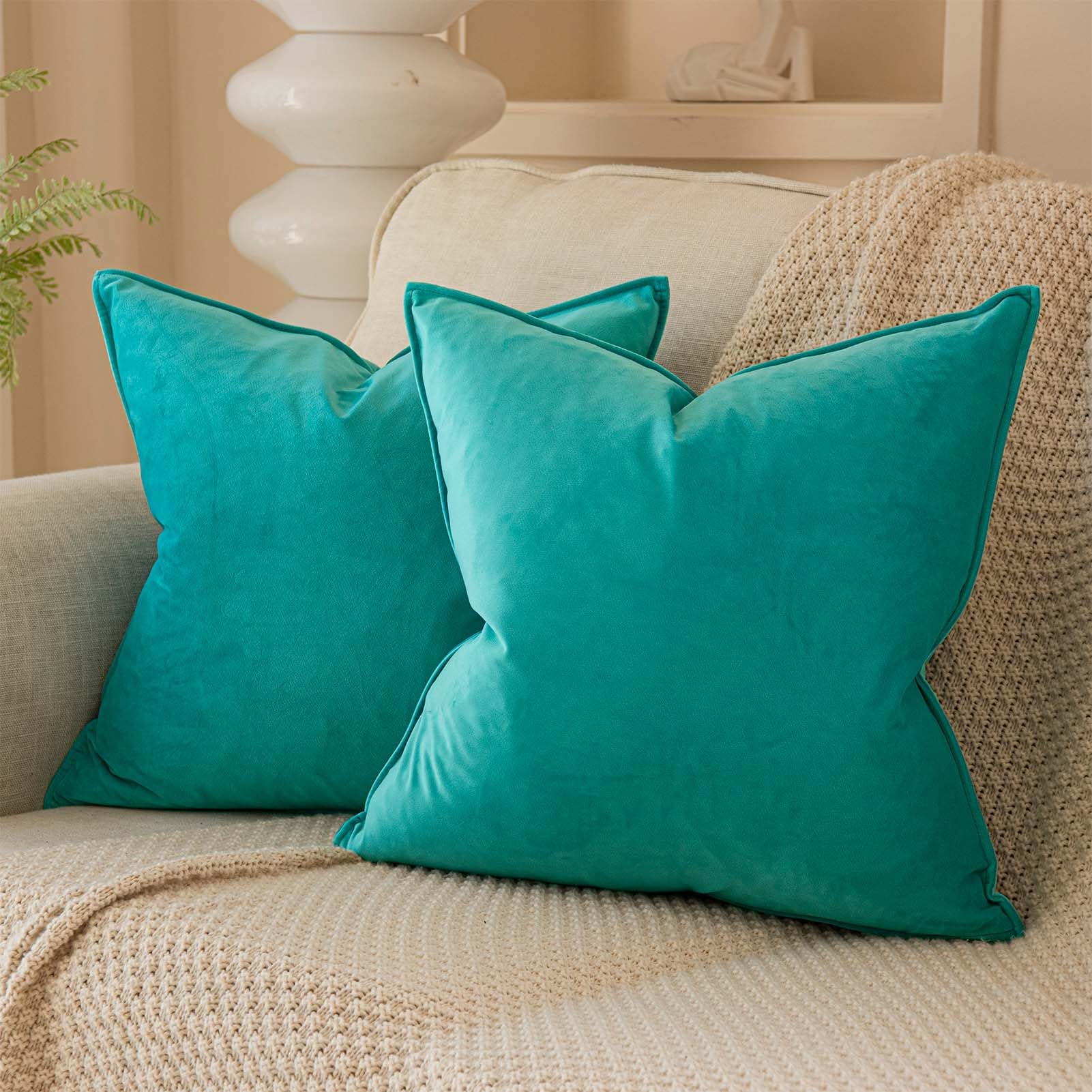 Juspurbet Turquoise Decorative Velvet Throw Pillow Covers 18X18 Inch Set Of 2,Broadside Soft Cushion Case With Invisible Zipper