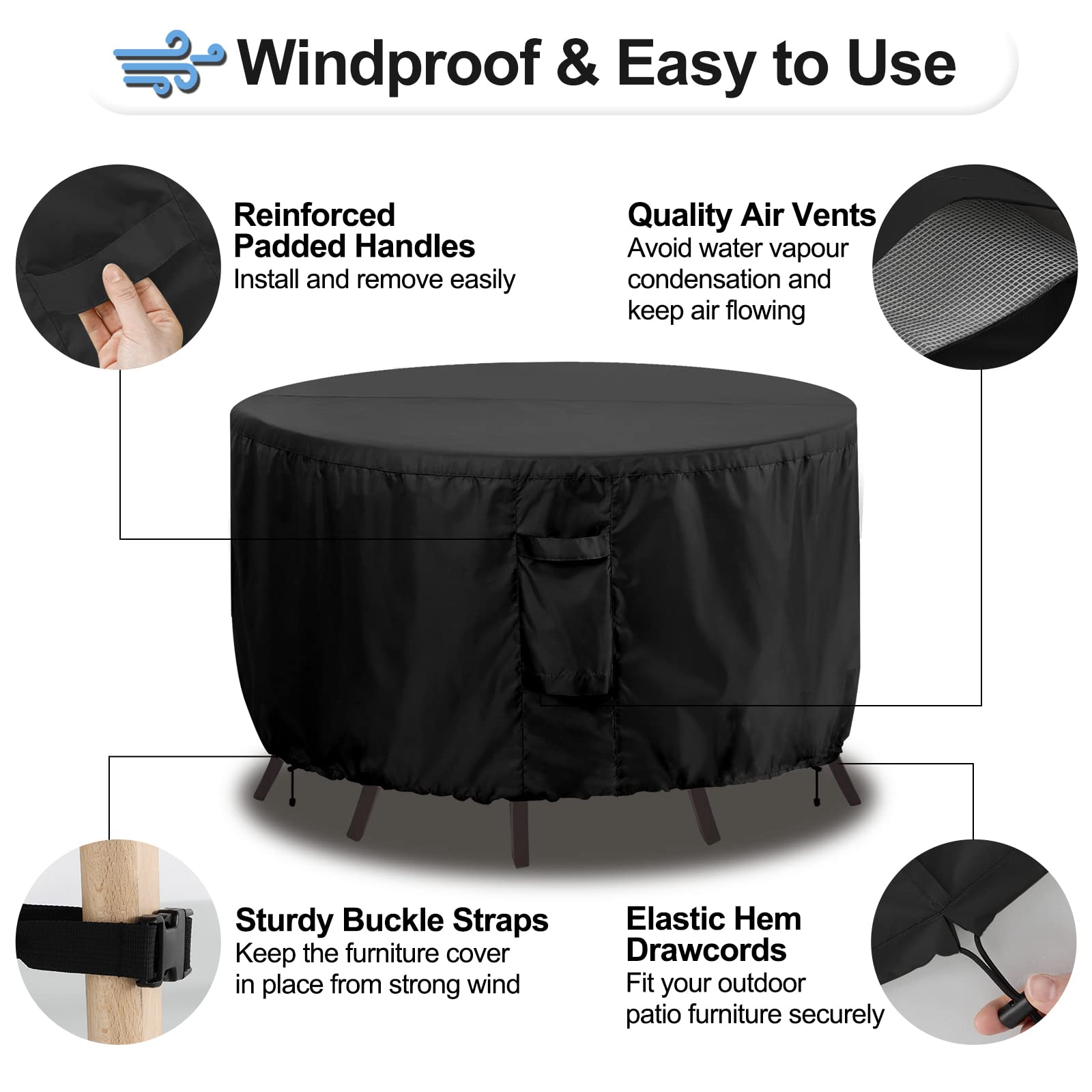 Outdoorlines Outdoor Waterproof Patio Table Furniture Set Covers - Round Couch Sectional Cover Outside Weatherproof Patio Furniture Covering For Deck, Lawn And Backyard 96' Dia X 28' H, Black