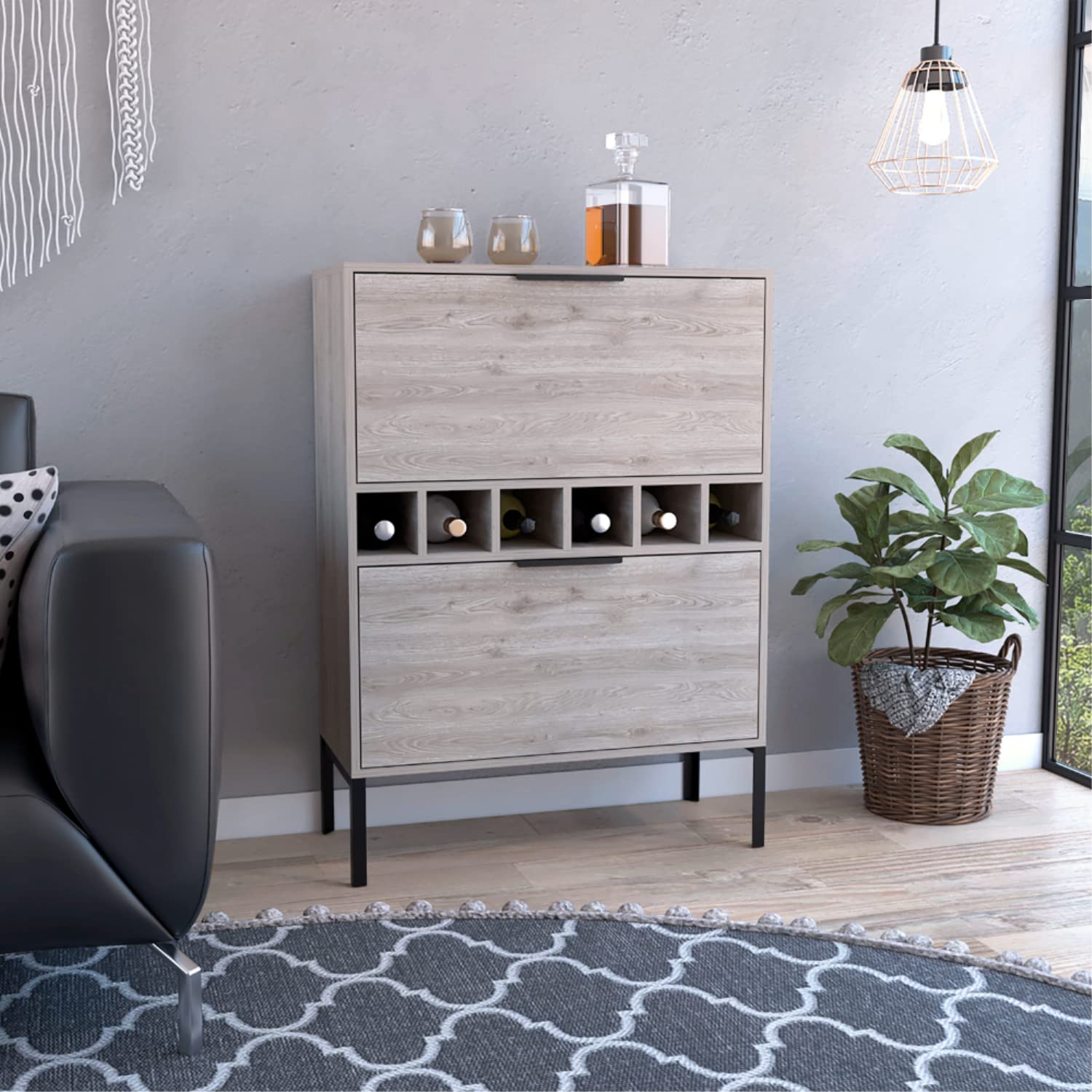 bar-coffee 43&quot;&quot; H, with metal legs, Kitchen or living cabinet with 1 upper swing door drawer, 2 cup holders inside, 1 central shelf, and 1 lower divided drawer, ligh gray