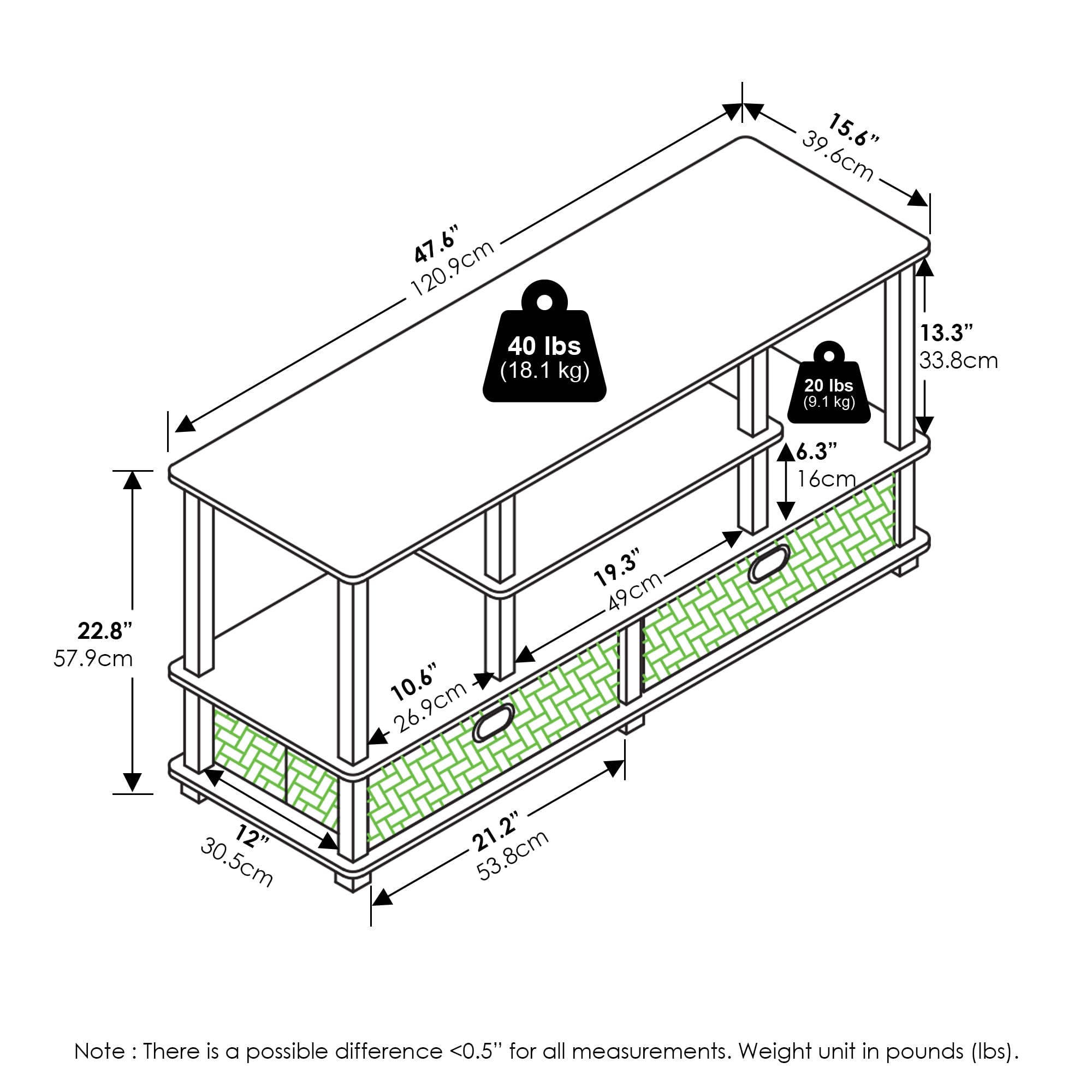 Furinno Jaya Large TV Stand for up to 55-Inch TV with Storage Bin, Amber Pine/Black/Black