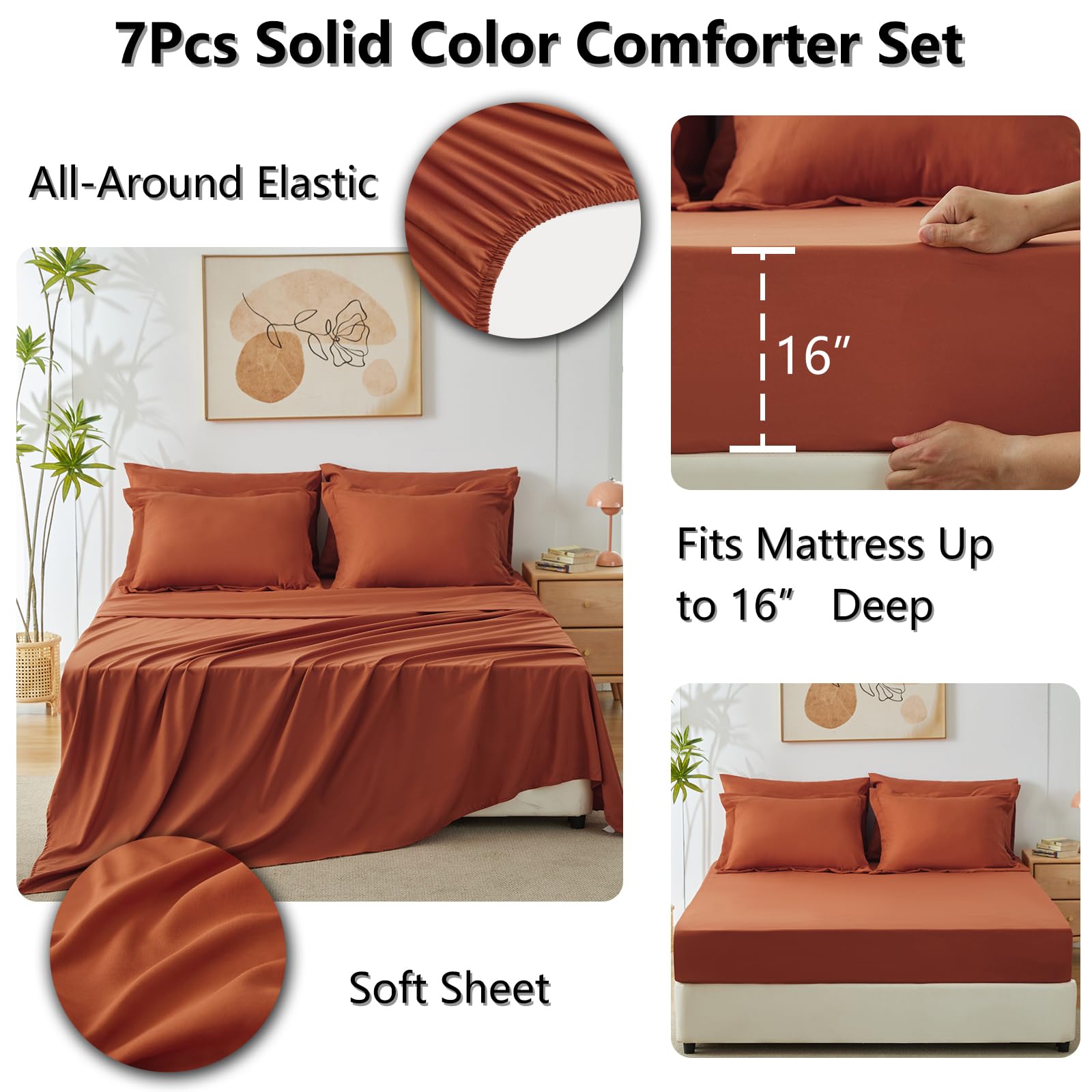 Cozylux Queen Comforter Set Burnt Orange, 7 Pieces Bed In A Bag Terracotta Comforter Set With Sheets, All Season Boho 7Pc Bed Set With Comforter, Fitted Sheet, Flat Sheet, Pillow Shams And Pillowcases