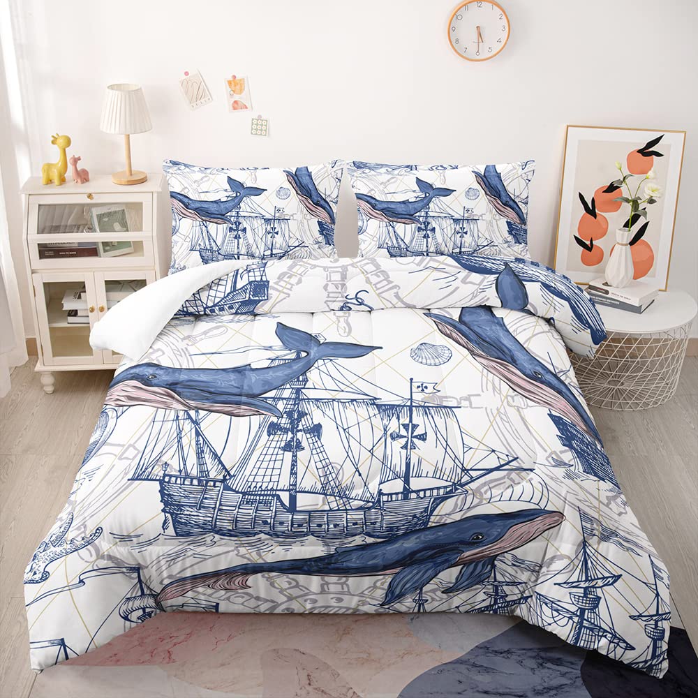 Suncloris Blue Whale Comforter Set, Whale Nautical Sailing Adventure Bedspread For Kids And Adults, Underwater Marine Life Patte