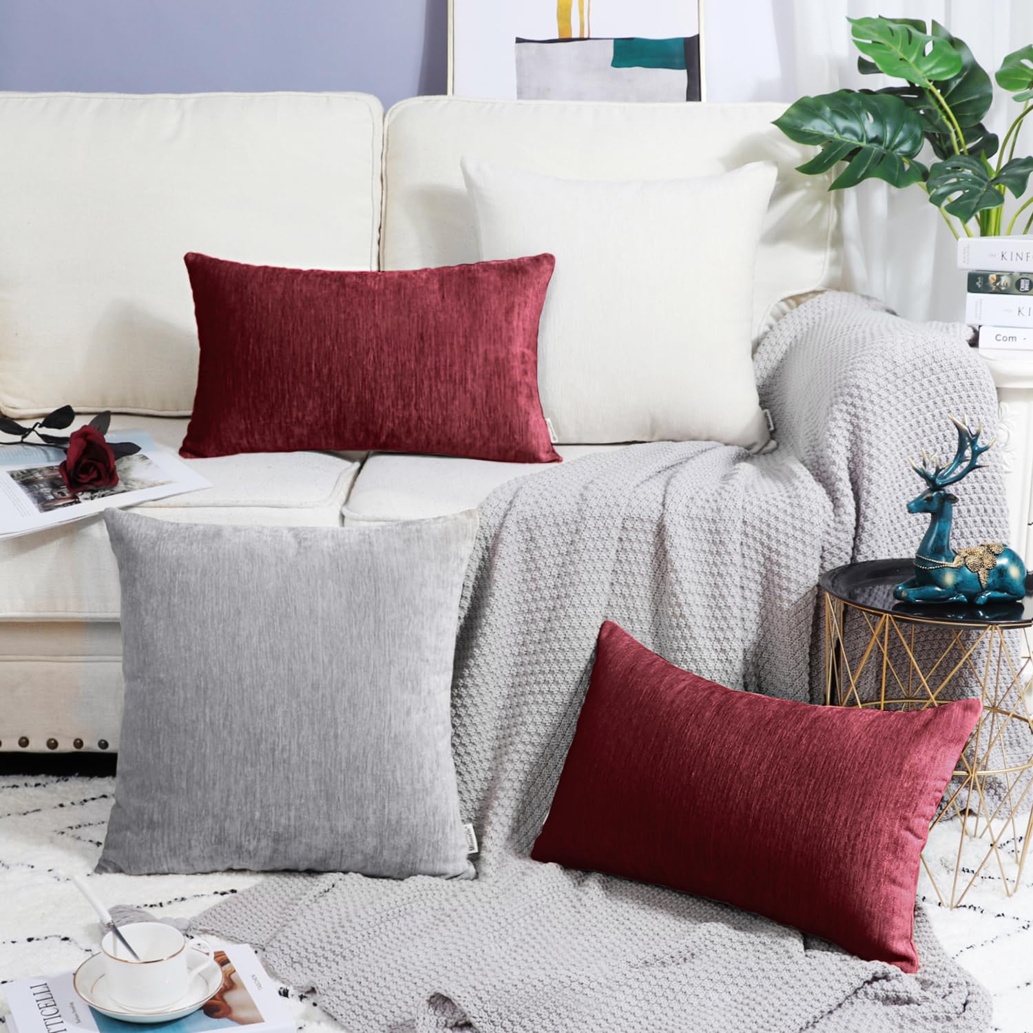 Brawarm Chenille Throw Pillow Covers 12X20 Inches - Burgundy Chenille Lumbar Pillow Covers Pack Of 2, Solid Dyed Soft Chenille P