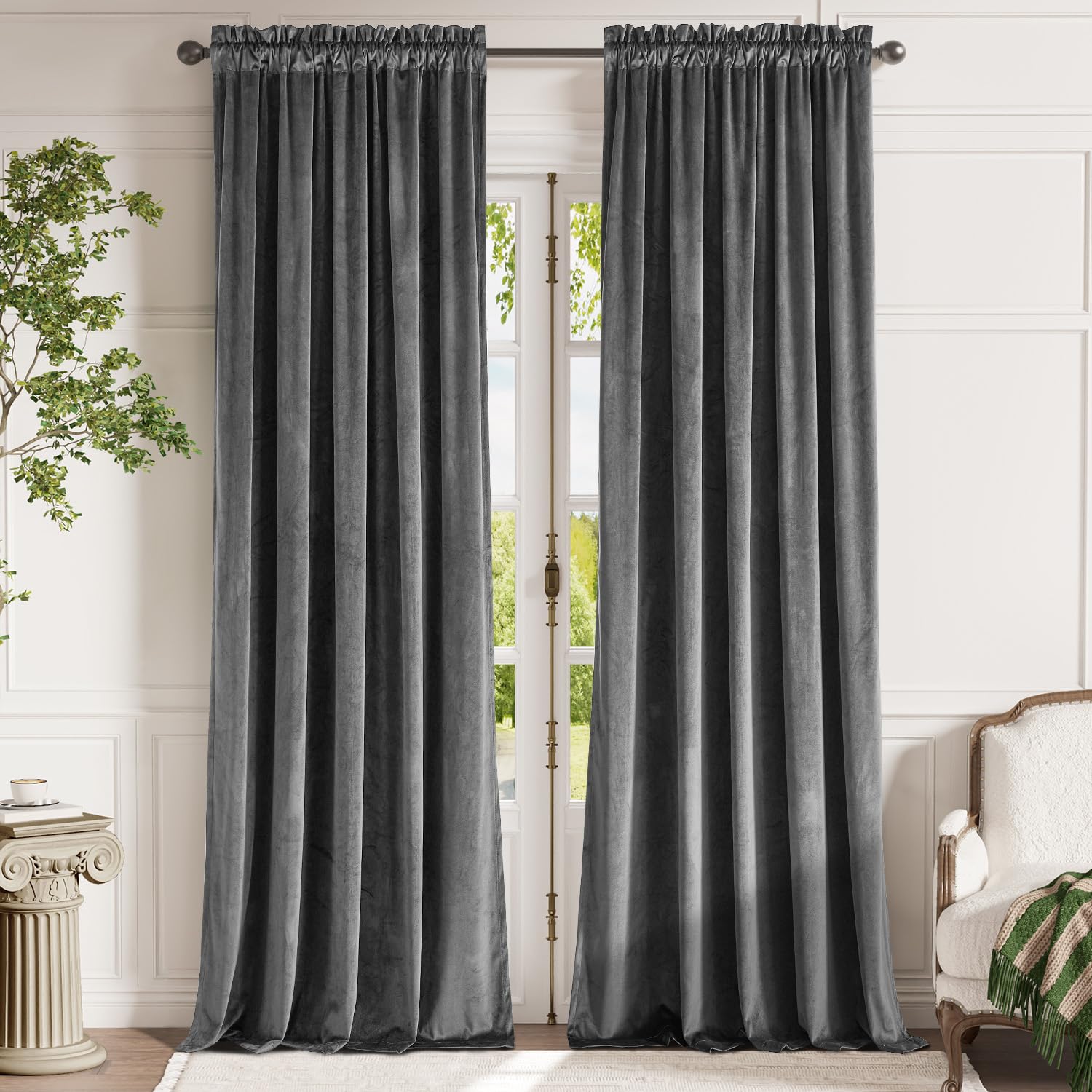 Lazzzy Velvet Curtains Grey 108 Inches Extra Long Thermal Insulated Drapes For Living Room Bedroom Heavy Duty Window Treatments