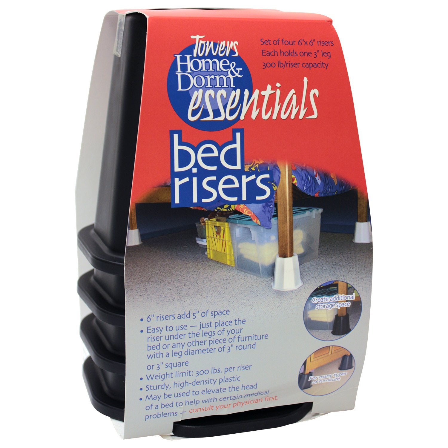 Emsco Group 93401 Home & Dorm Essentials 6' Bed Risers-4 Pack-Black, Multicolor