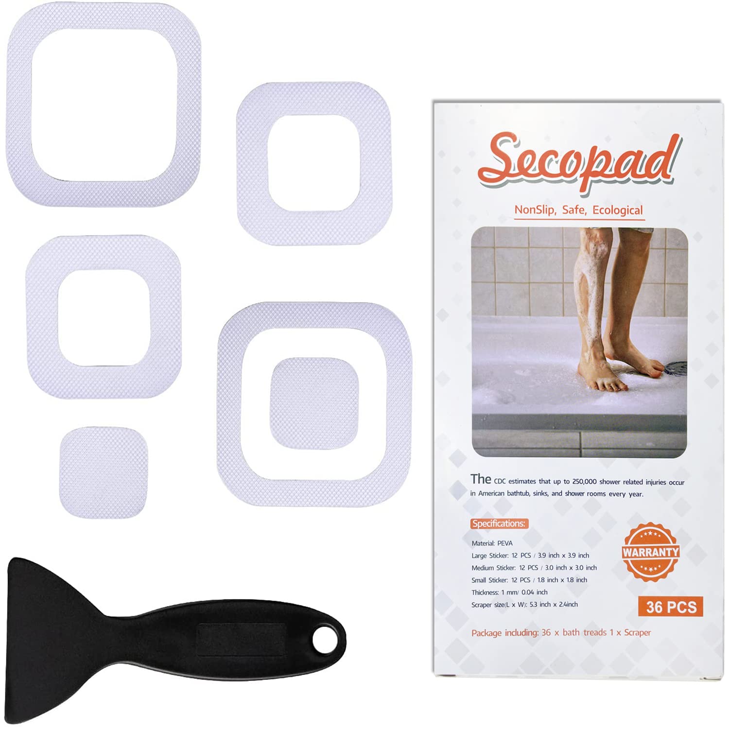 Secopad Non-Slip Bathtub Stickers, 72 PCS Safety Bathroom Tubs Showers Treads Adhesive Decals with Scraper (White)