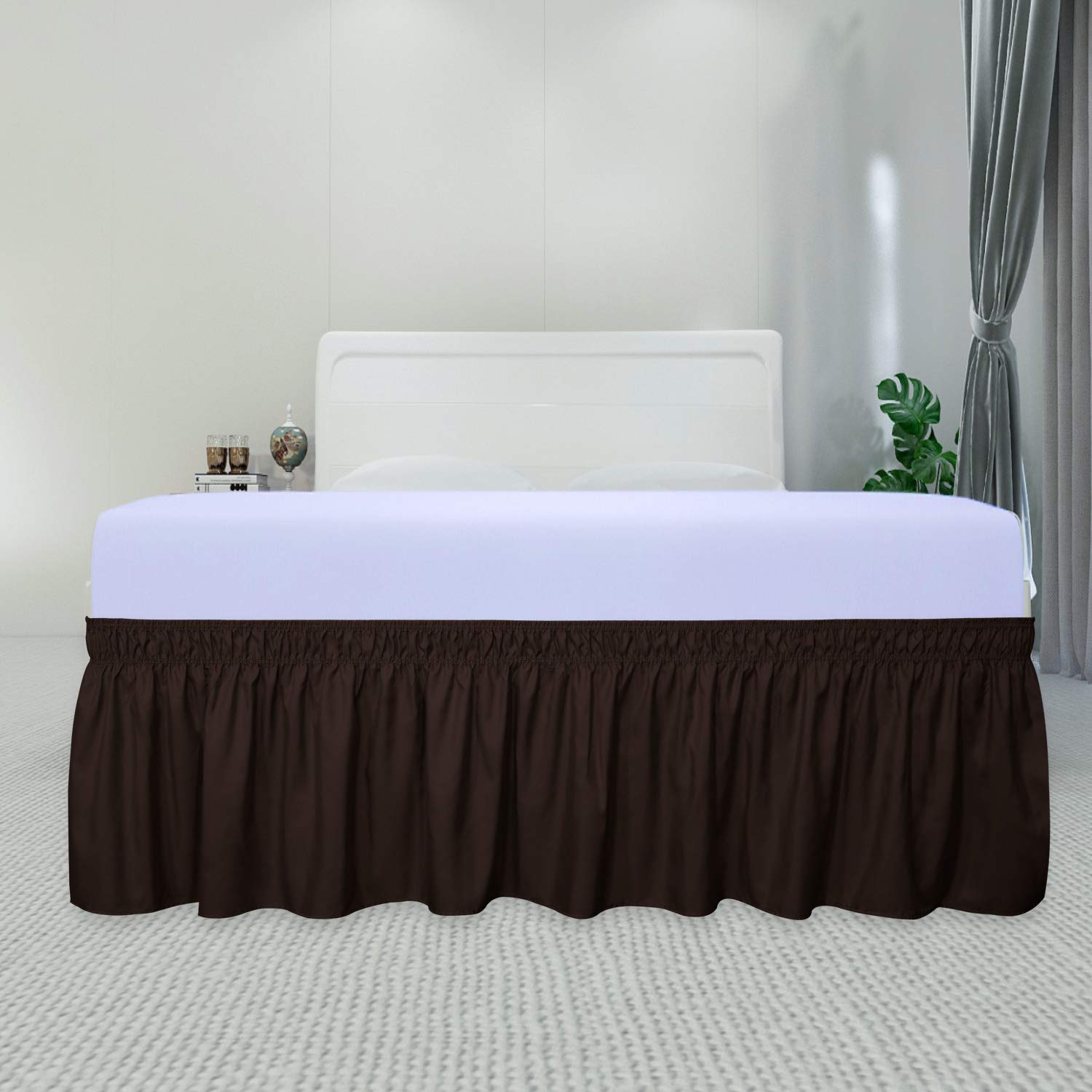 Purefit Wrap Around Ruffled Bed Skirt With Adjustable Elastic Belt - 18 Inch Drop Easy To Put On, Wrinkle Free Bedskirt Dust Ruffles, Bed Frame Cover For Twin,Twin Xl And Full Size Beds, Chocolate
