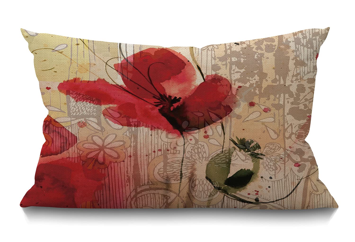 Smooffly Flower Pillow,Home Decorative Throw Pillow Cover Red Poppy Flower Beige Floral Waist Lumbar Cotton Linen Throw Pillow C