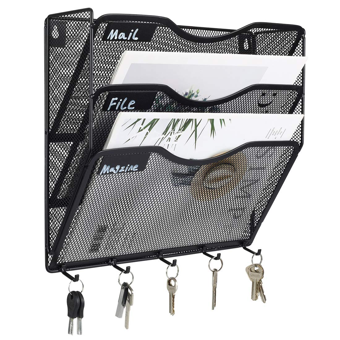 Easypag Wall File Organizer 3 Pocket Vertical Mesh Hanging File Holder Paper Rack With Key Hooks | Writting Label Included,Black