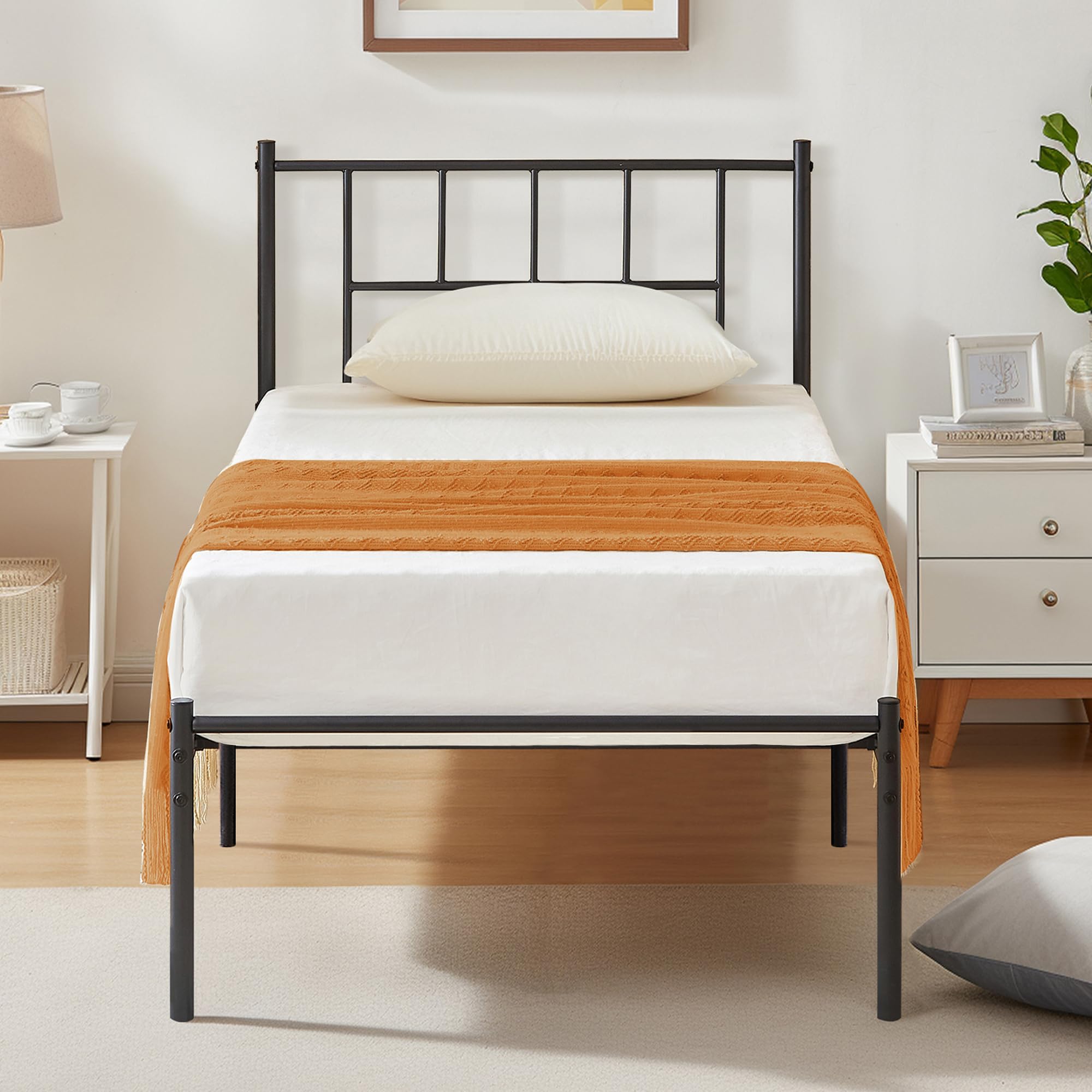 VECELO Twin Metal Platform Bed Frame with Headboard, Heavy Duty Steel Slat Support, Under Bed Storage,No Box Spring Needed, Easy