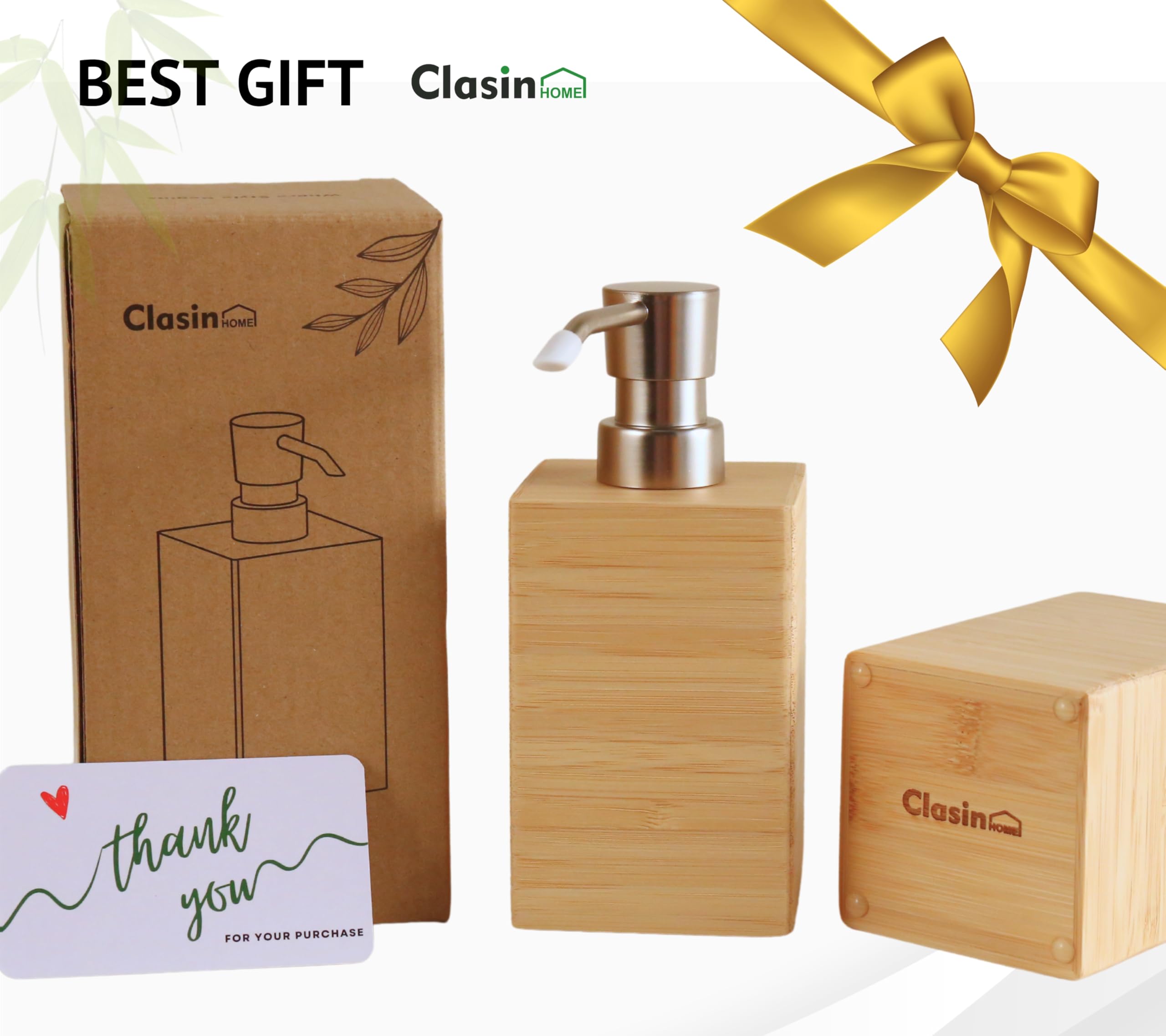 Clasin Home Bamboo Soap Dispenser, 7 Fl Oz Wooden Soap Dispenser, Elegant Square Design, Modern Indoor Kitchen Bathroom Countert