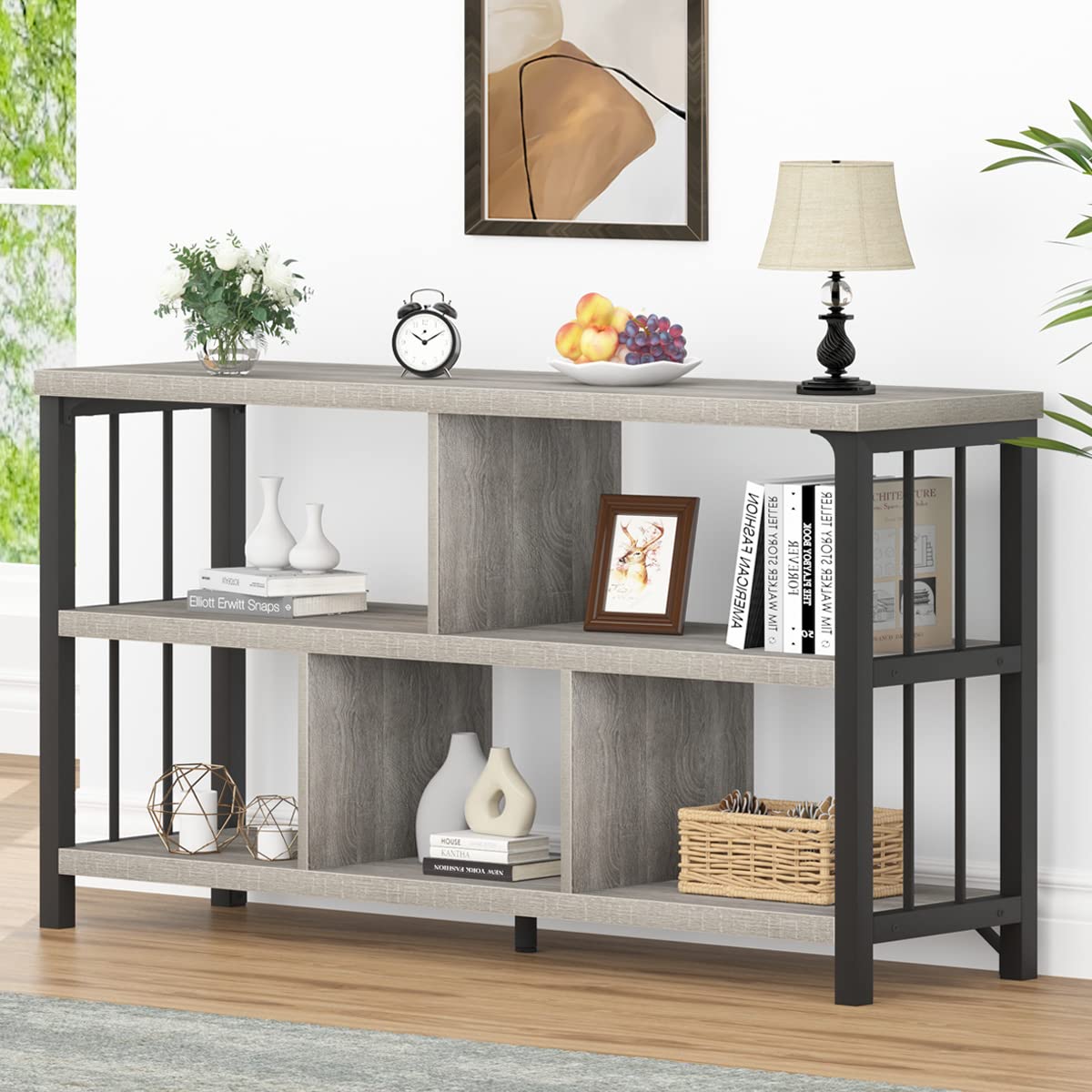 IBF Industrial Horizontal Bookshelf, Modern 5 Cube Storage Organizer Open Shelf, Low Wide Cubby Bookcase for Home Office Living,