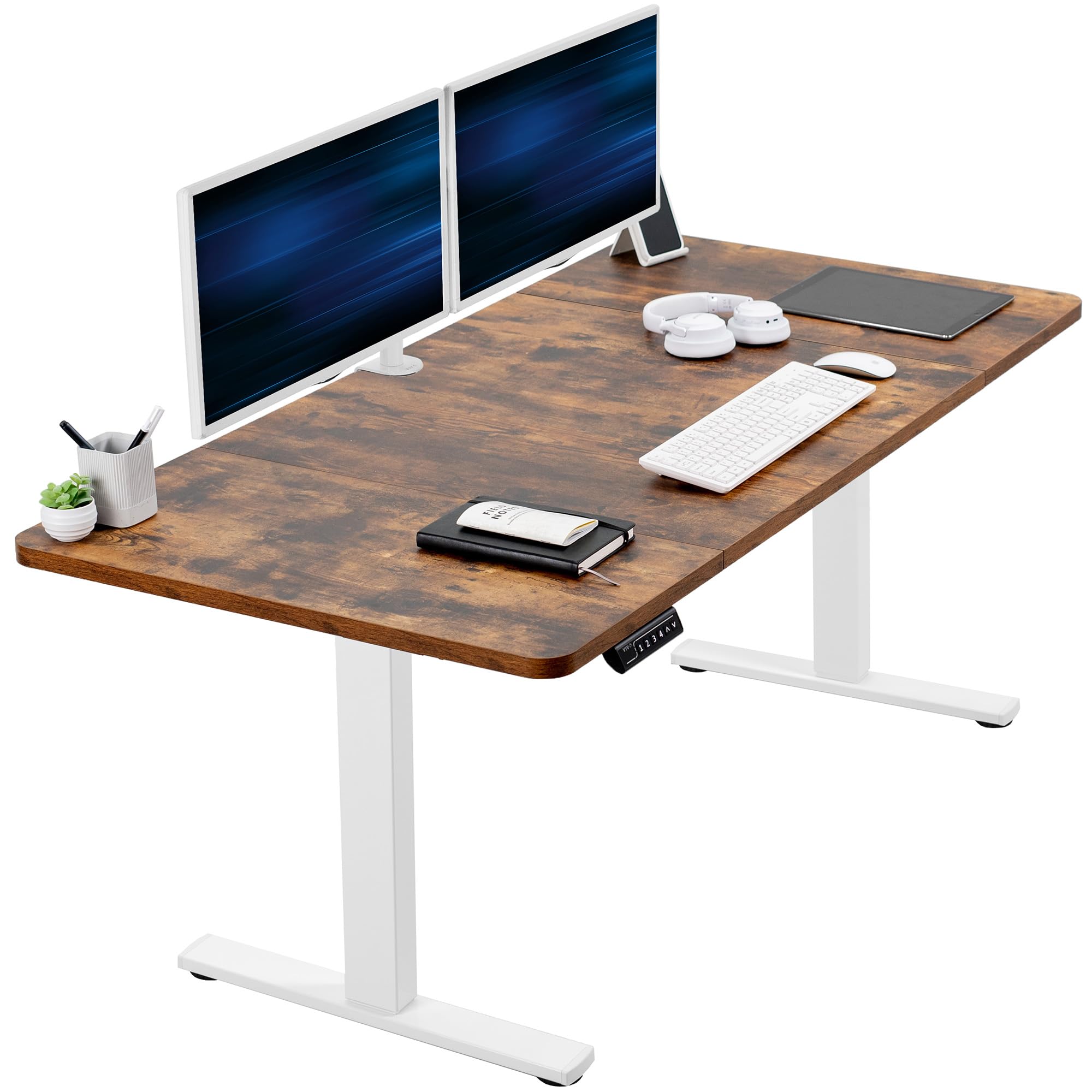 VIVO Electric 60 x 30 in Rustic Standing Desk, Memory Height Adjustment, 1B Series, Holds 220 lbs, Vintage Brown Top White Frame
