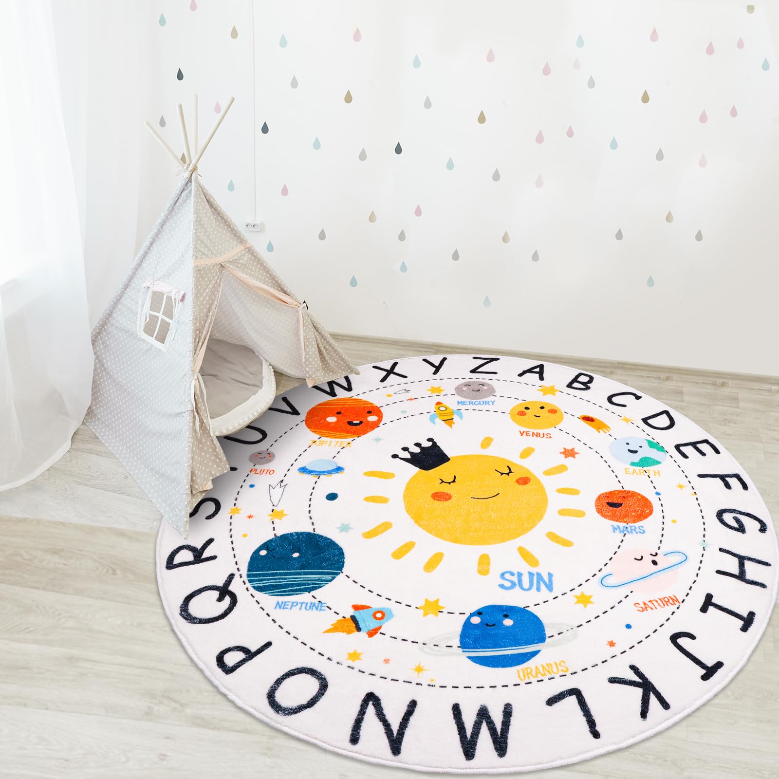 LTKOUGFAM ABC Kids Rug,5.2 ft Washable Nursery Rug,Soft Plush Educational Circle Rug,Non-Slip Solar System Alphabet Rug for Clas