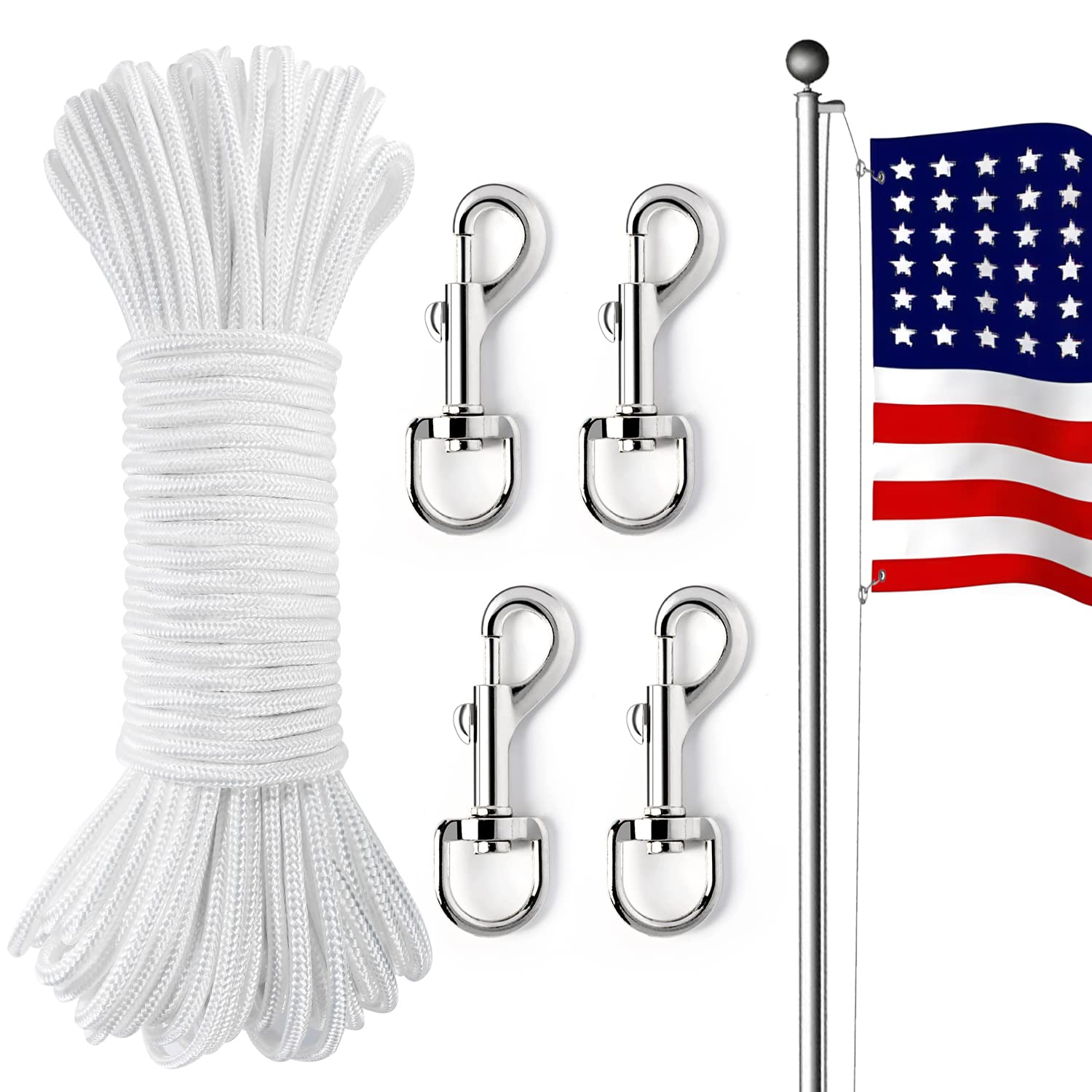 100Ft Flag Pole Rope, Flag Pole Halyard Rope Kit With 4 Pcs Zinc Alloy Swivel Snap Hooks, Double Braided Nylon Flagpole Line Rop