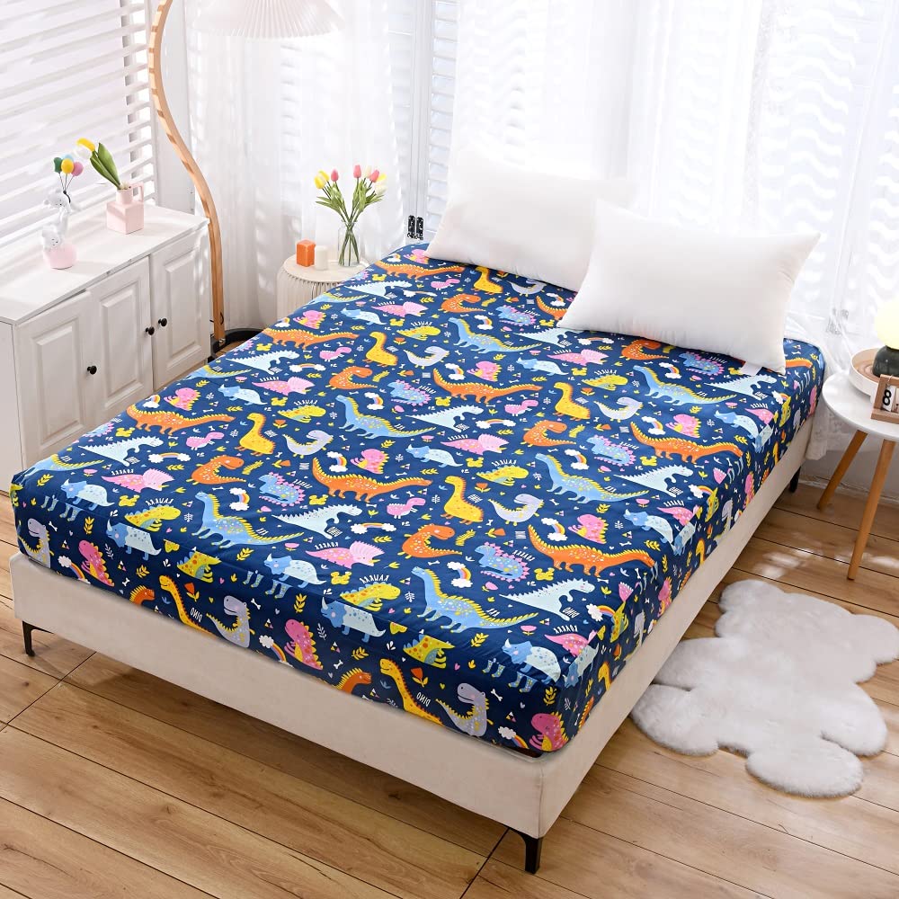 Naturety Kids Bedding Fitted Sheet With Deep Pocket,Thicken Dino Printed Bed Sheets For Teens (Navy Blue(Dinosaur), Twin)