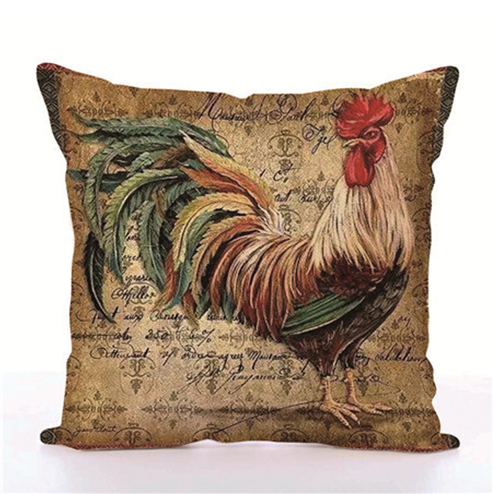 Easternproject Rooster Painting Farmhouse Decorative Throw Pillowcase Country Burlap Pillow Cover Cushion Case 18X18 (02)