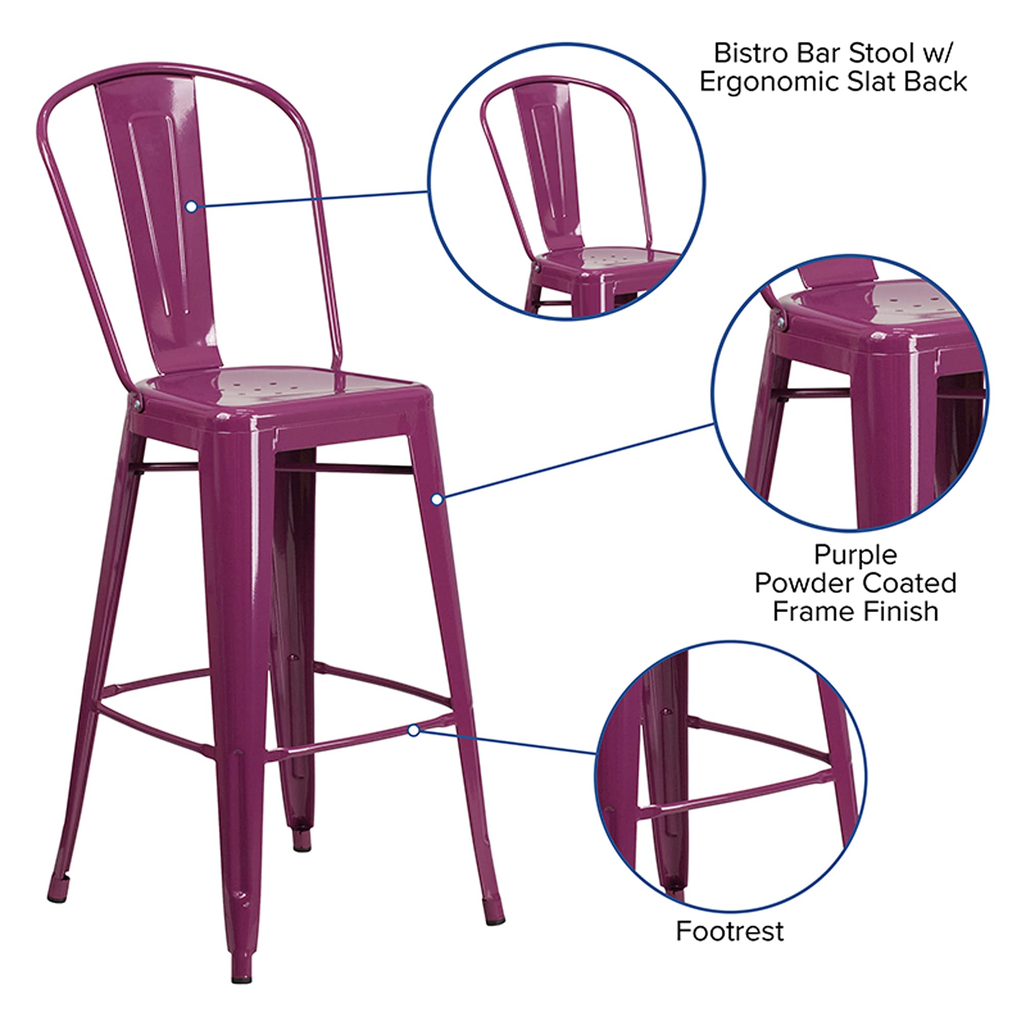 Flash Furniture Commercial Grade 30' High Purple Metal Indoor-Outdoor Barstool With Back