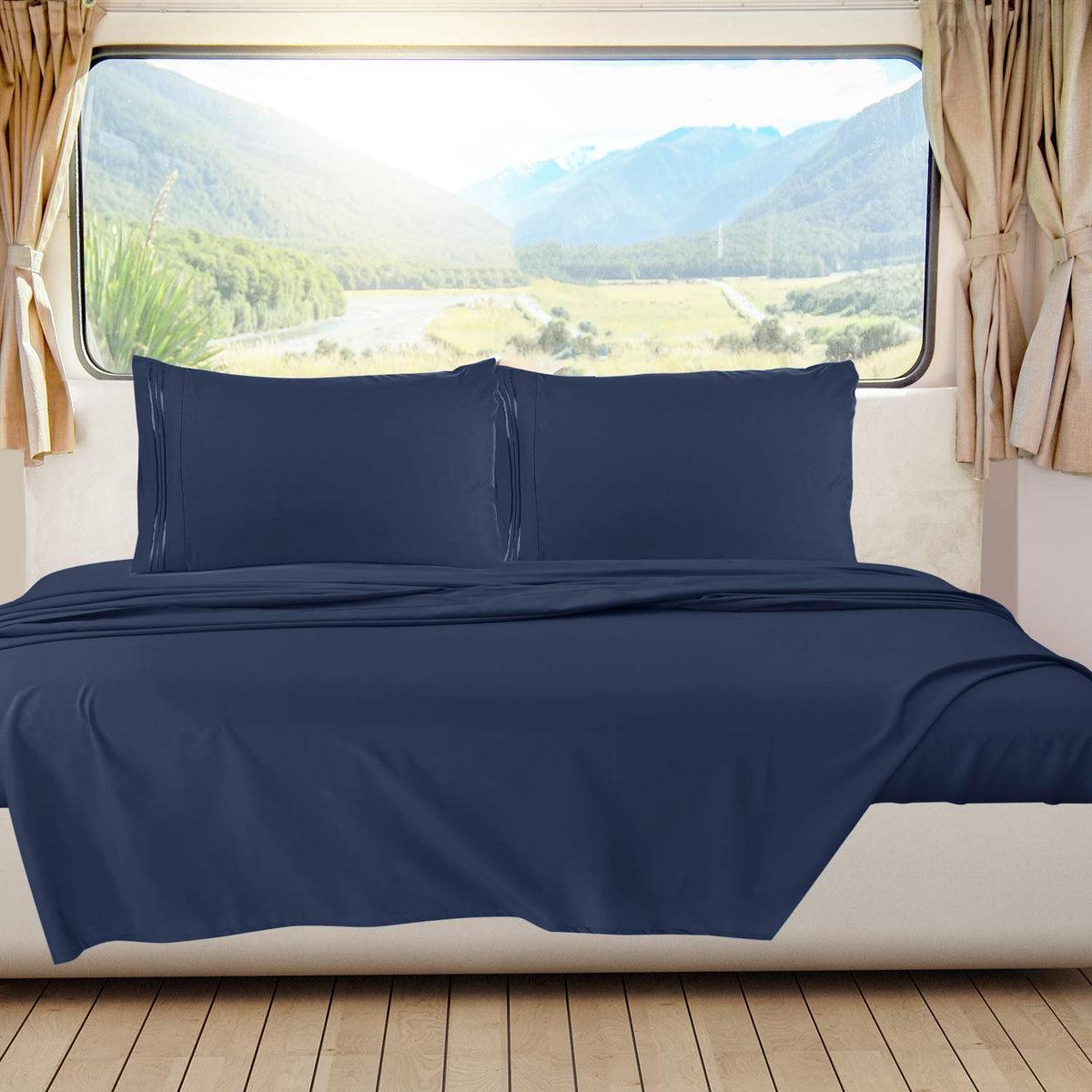 Nestl Navy Rv Queen Sheets - Super Soft Rv Short Queen Sheets For Rv Camper, 6 Piece 1800 Microfiber Fitted Rv Sheets, Double Br