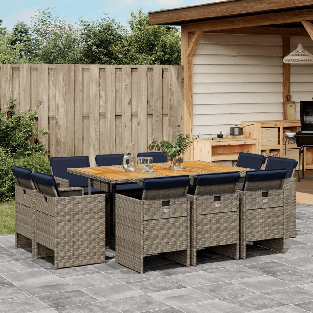 vidaXL Patio Dining Set with Cushions - 11 Piece Gray Poly Rattan & Acacia Wood Outdoor Furniture for Garden/Backyard