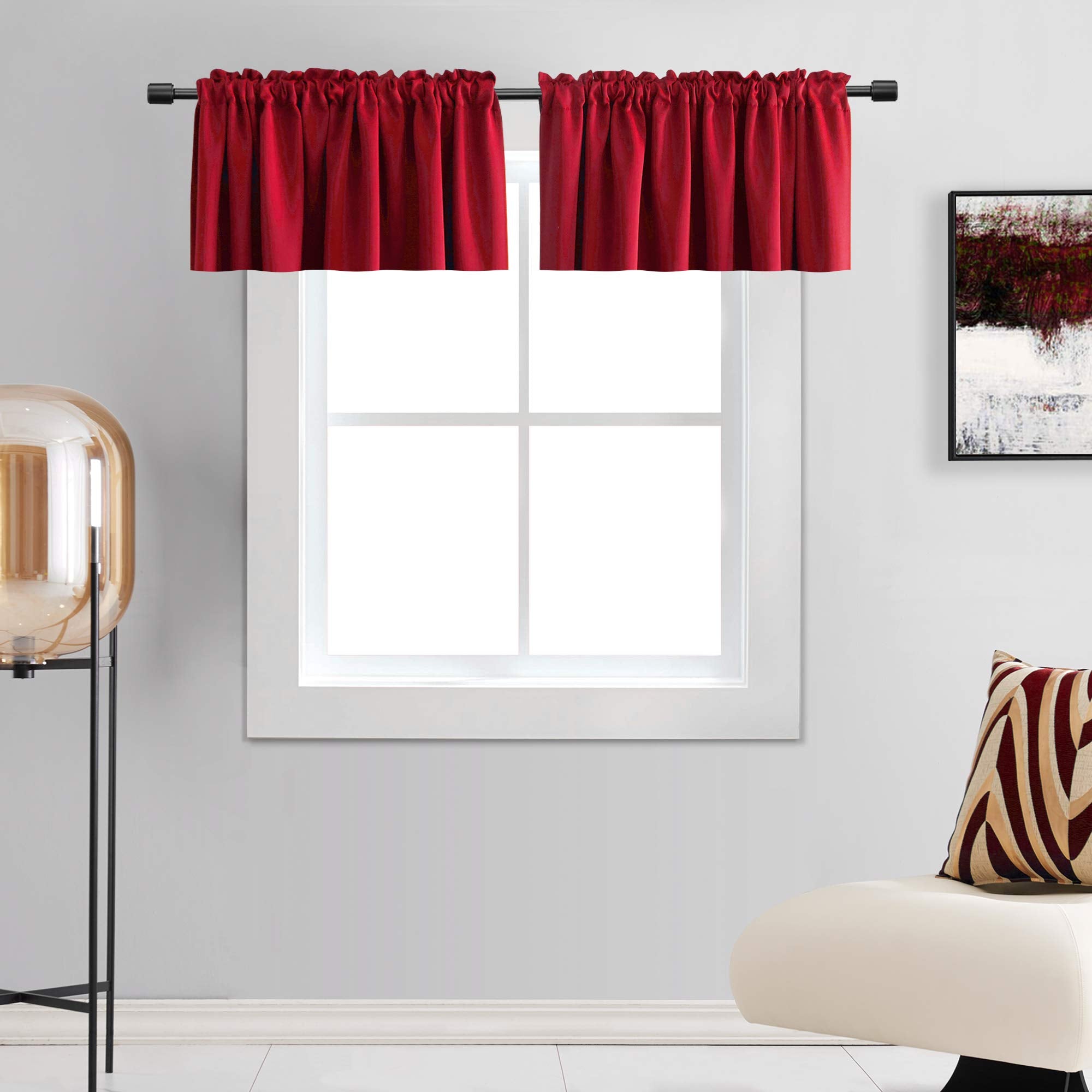 DONREN True Red Valances for Bedroom - Room Darkening Window Curtain Valances with Rod Pocket (42 by 18 Inch,2 Panels)