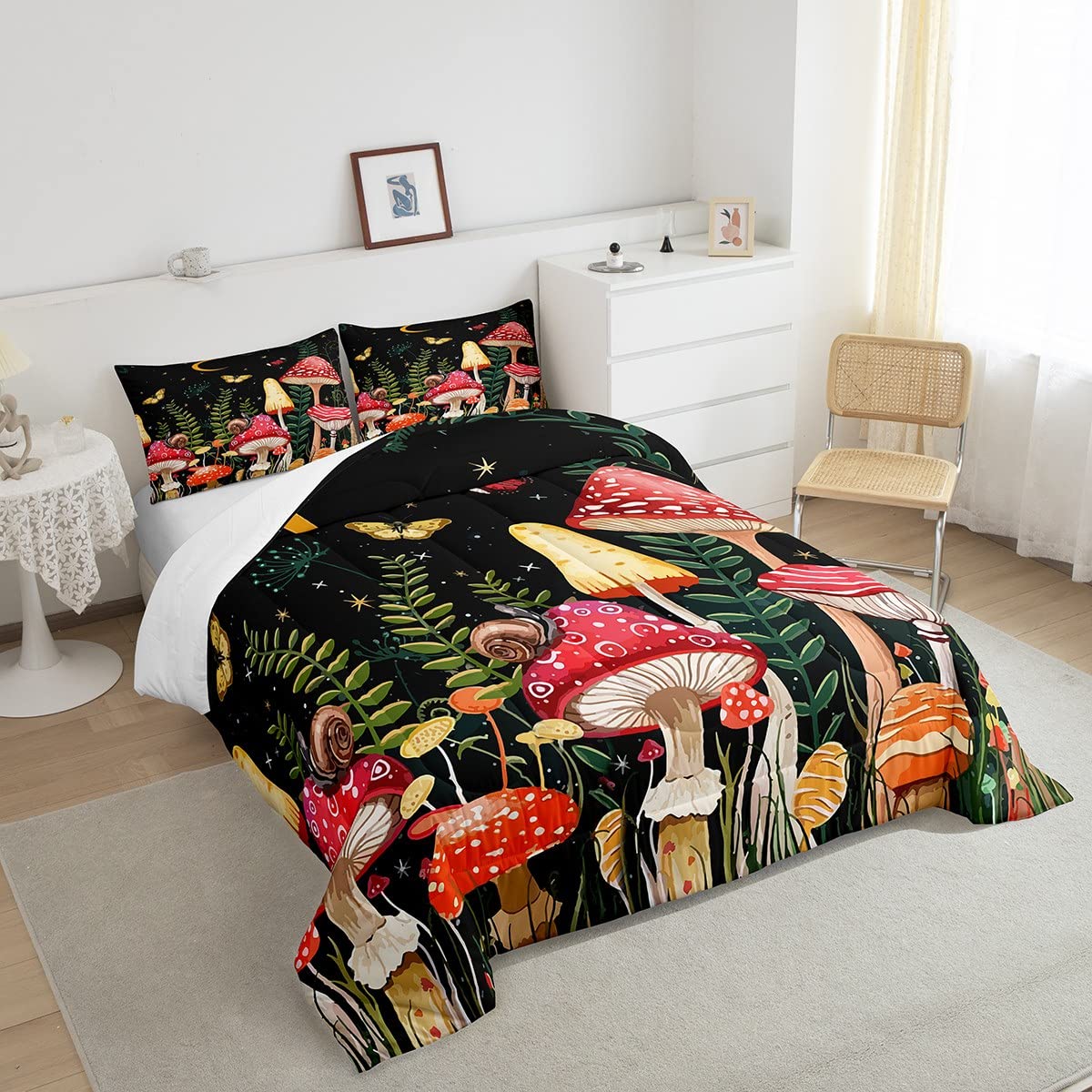 Feelyou Kids Mushroom Bedding Set Natural Wild Fungus Comforter Set For Kids Boys Girls Botanical Plants Duvet Set Butterfly Com