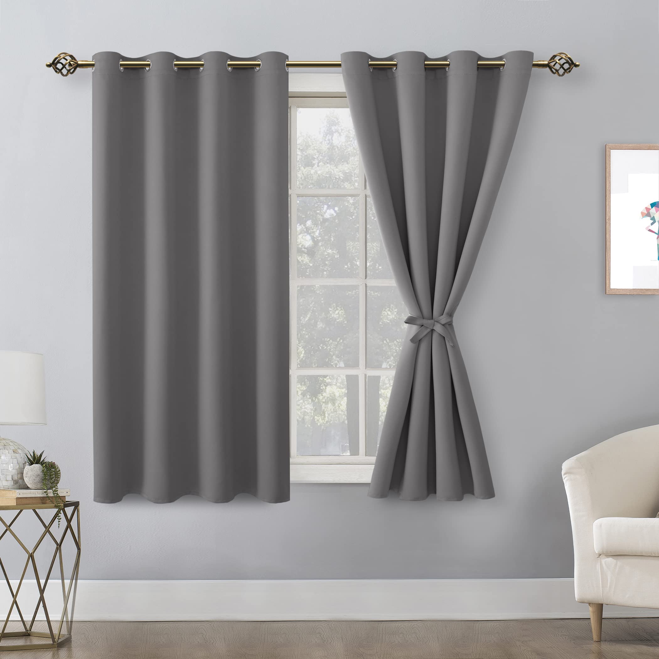 Hiasan Blackout Curtains For Bedroom, 52 X 54 Inches Long - Thermal Insulated & Light Blocking Window Curtains For Living Room, 2 Drape Panels Sewn With Tiebacks, Light Grey