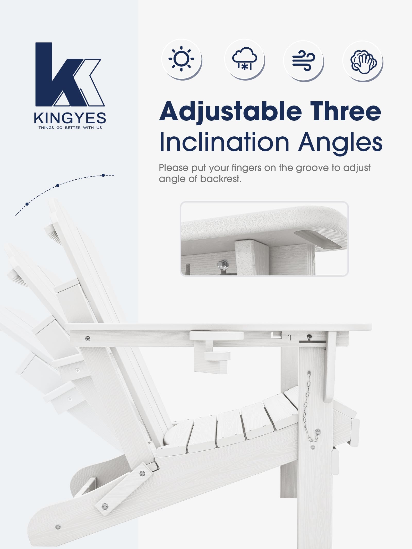 Kingyes Folding Adjustable Adirondack Chair, All Weather Resistance Reclining Adirondack Chair With Cup Holder, Hdpe Folding Adirondack Chair, White