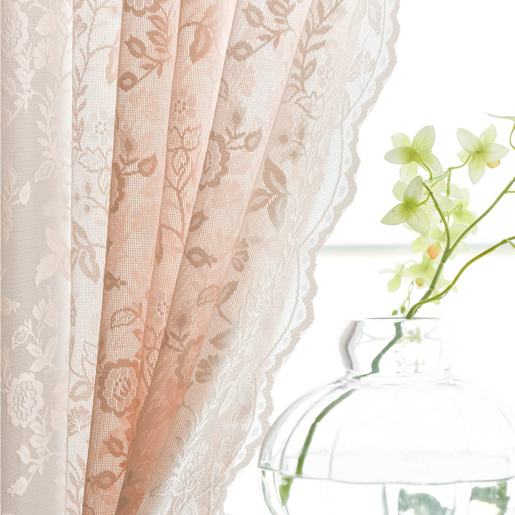 Finecity Blush Lace Curtains 96 Inches Long - Country Rustic Branch Floral Lace Sheer Curtains 2 Panels Set For Living Room, Pri