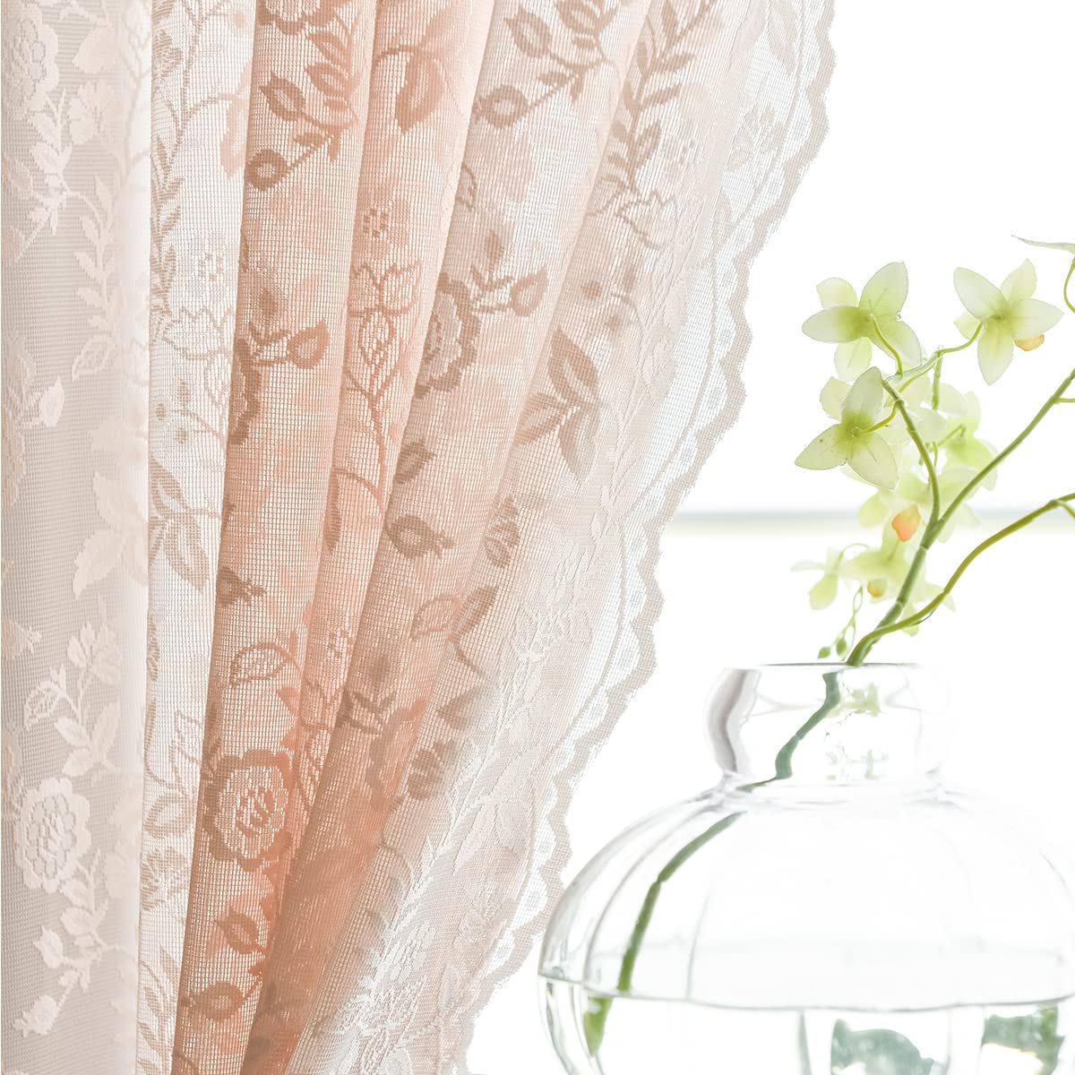 Finecity Blush Lace Curtains 96 Inches Long - Country Rustic Branch Floral Lace Sheer Curtains 2 Panels Set For Living Room, Pri