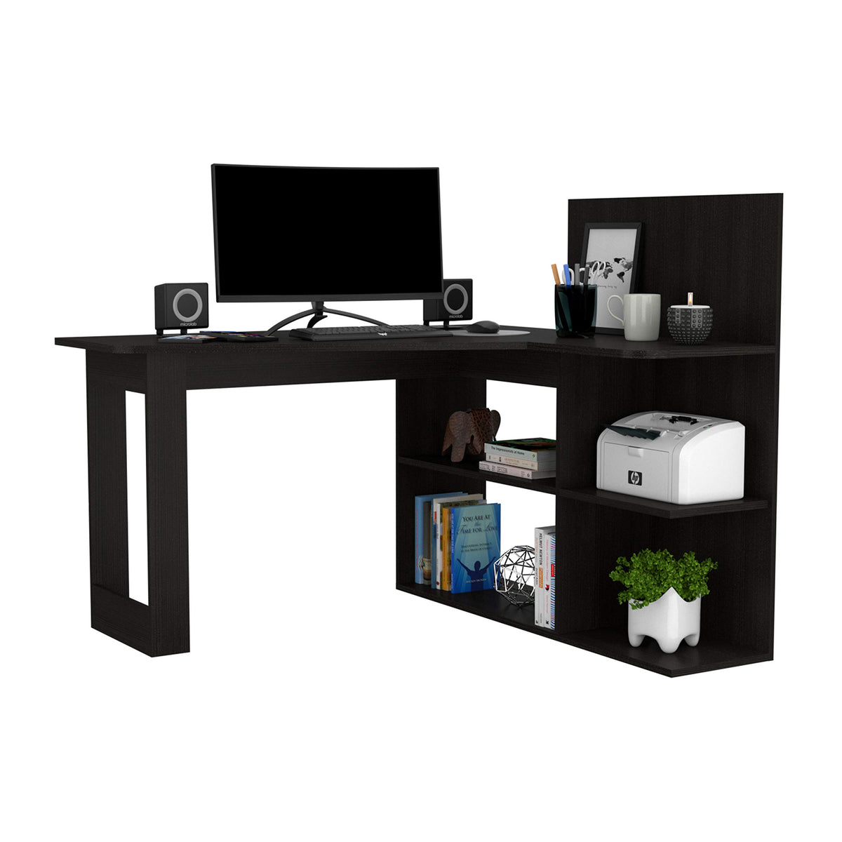 FM FURNITURE Fresno L-Shaped Computer Desk with 4 Shelves, Black