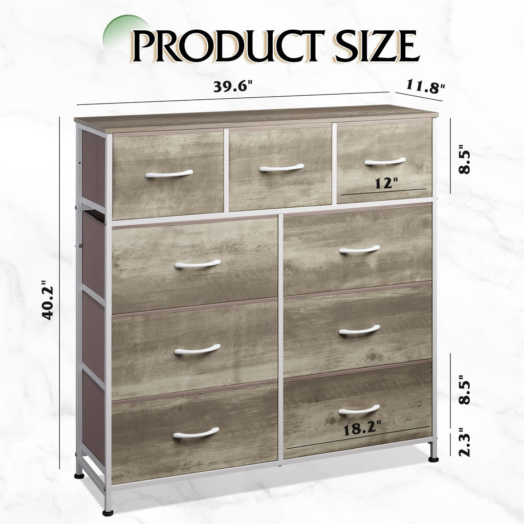 Wlive 9-Drawer Dresser, Fabric Storage Tower For Bedroom, Hallway, Nursery, Closet, Tall Chest Organizer Unit With Fabric Bins, Steel Frame, Wood Top, Easy Pull Handle, Greige