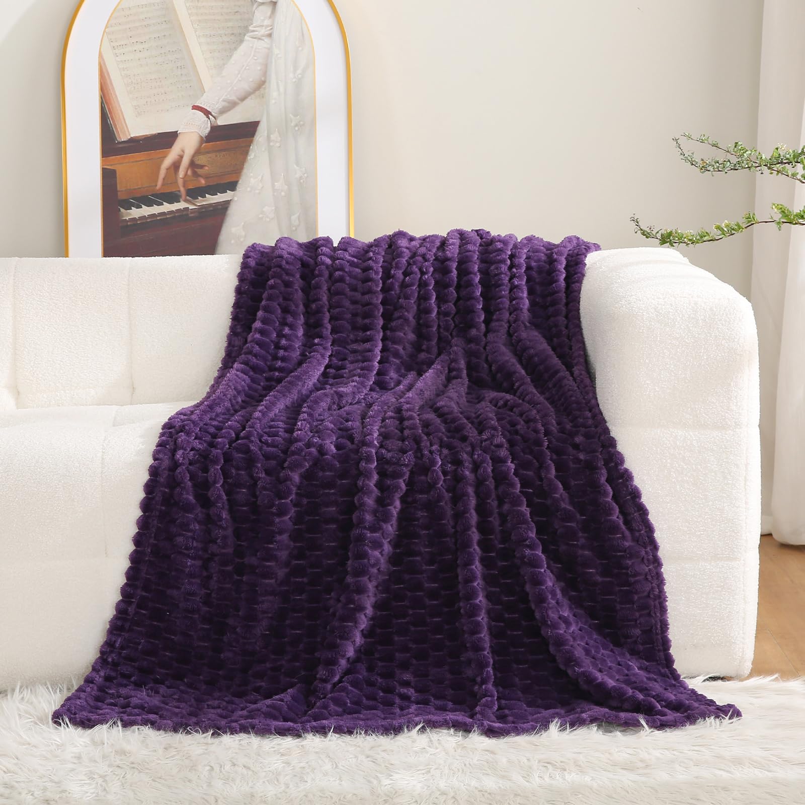 Puncuntex Deep Purple Throw Blanket 50'  60' Inches Fuzzy 3D Jacquard Decorative Flannel Fleece Super Soft Plush Cozy Blanket