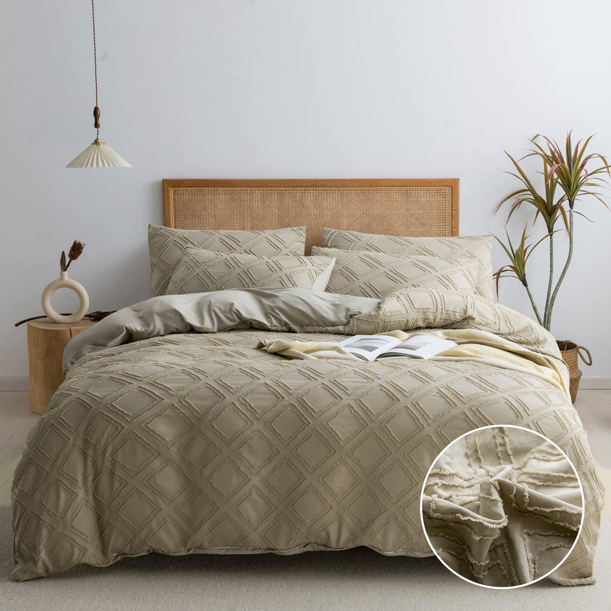 Jellymoni Duvet Cover King Size - Khaki Microfiber Tufted Duvet Cover Set, Boho Textured Duvet Cover Jacquard Rhombus Geometric