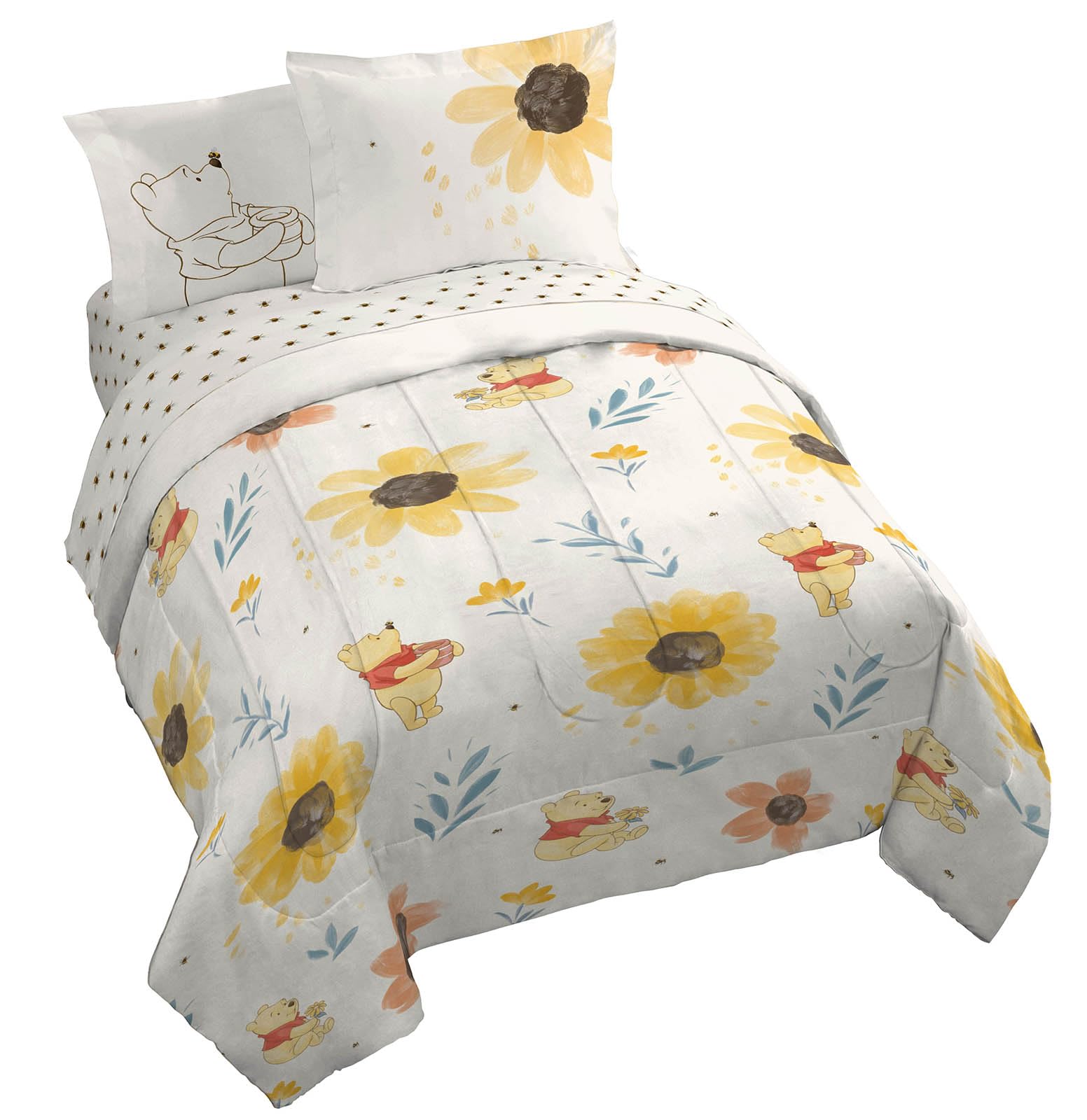 Jay Franco Disney Winnie The Pooh King Comforter Set - 7 Piece Bedding Includes Sheet Set & Pillow Covers - Super Soft Cozy Flor