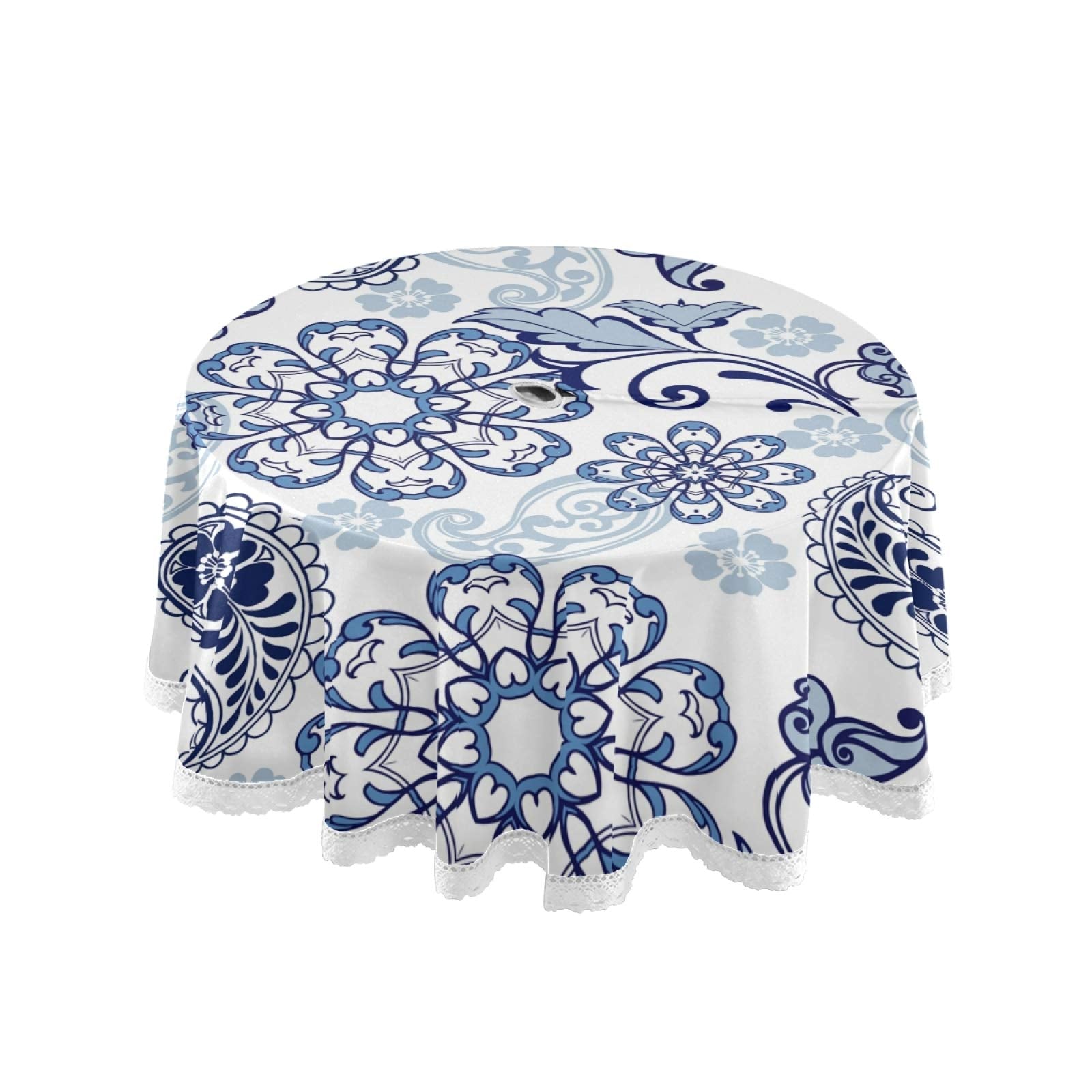 Qilmy Paisley Flower Outdoor Tablecloth 60 Inch Waterproof Round Tablecloth With Umbrella Hole And Zipper For Backyard Party Bbq